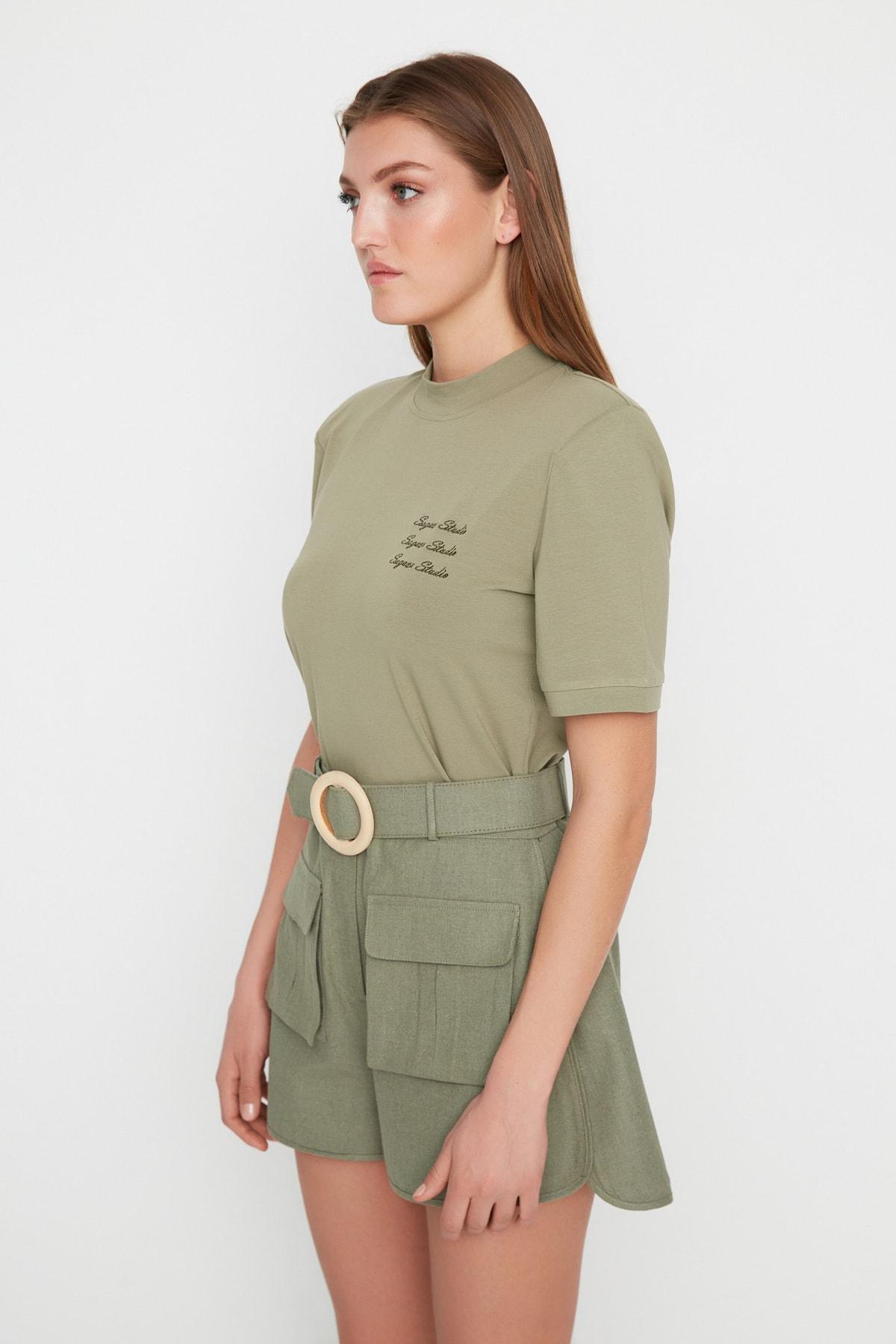 Khaki Mandarin Collar T-Shirt, , large image number 4