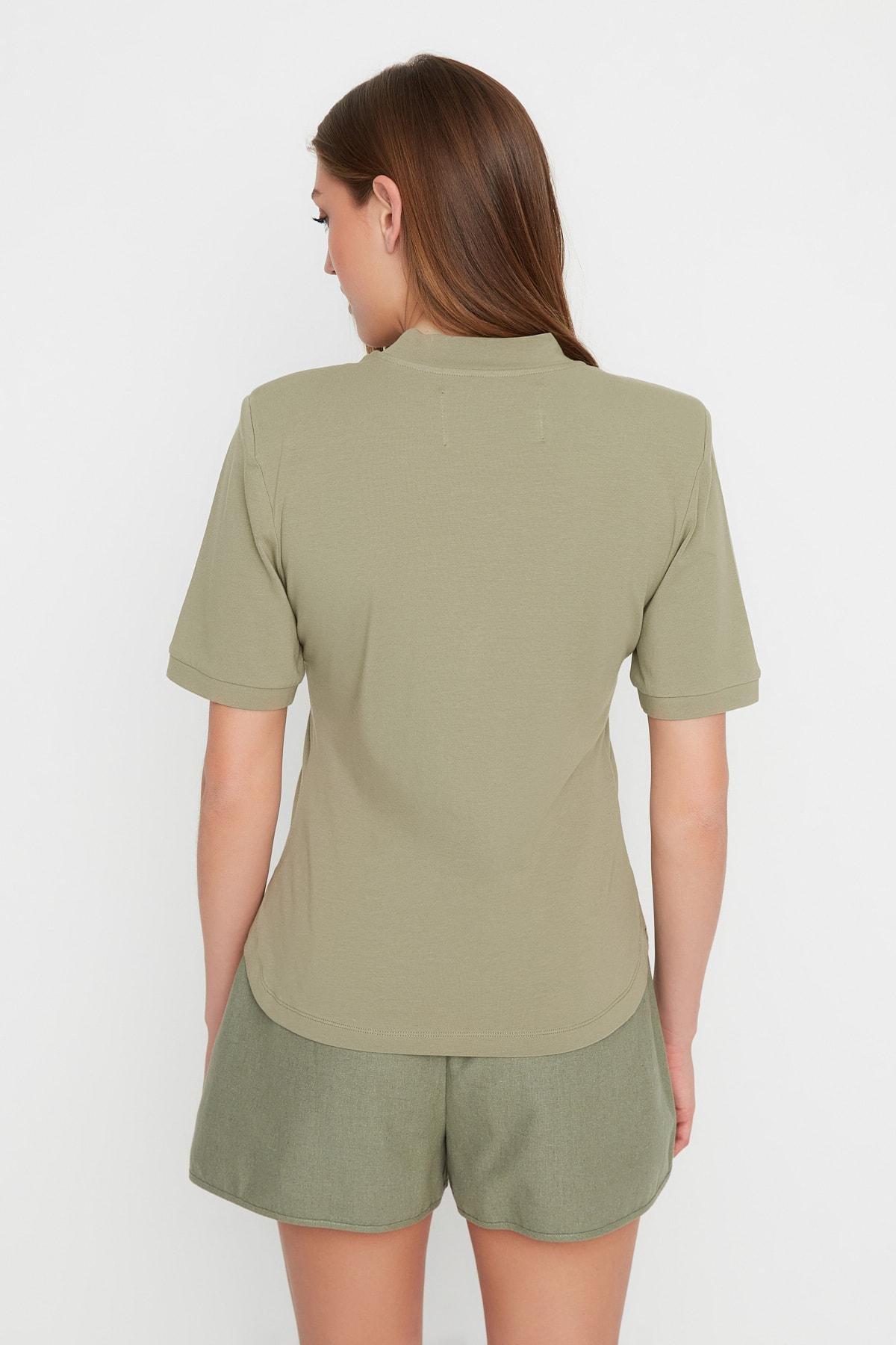 Khaki Mandarin Collar T-Shirt, , large image number 6