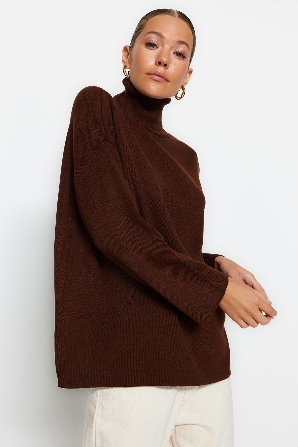 Brown Oversized Turtle Neck Sweater, , large image number 0