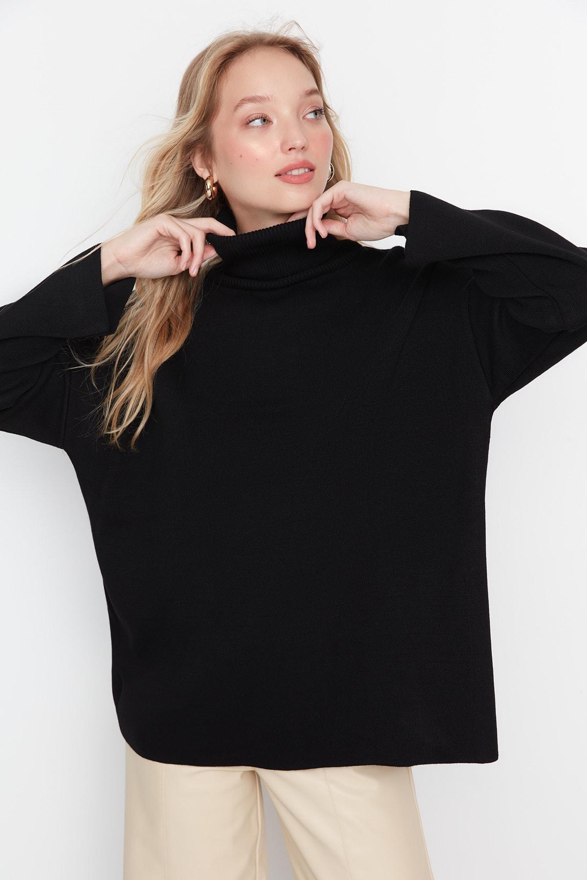 Black Oversize Turtleneck Sweater, , large image number 0