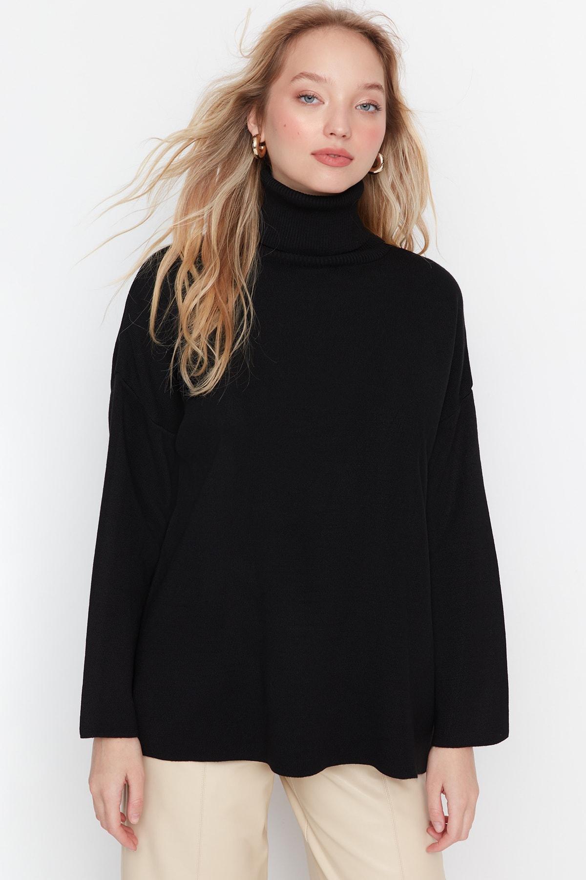 Black Oversize Turtleneck Sweater, , large image number 1