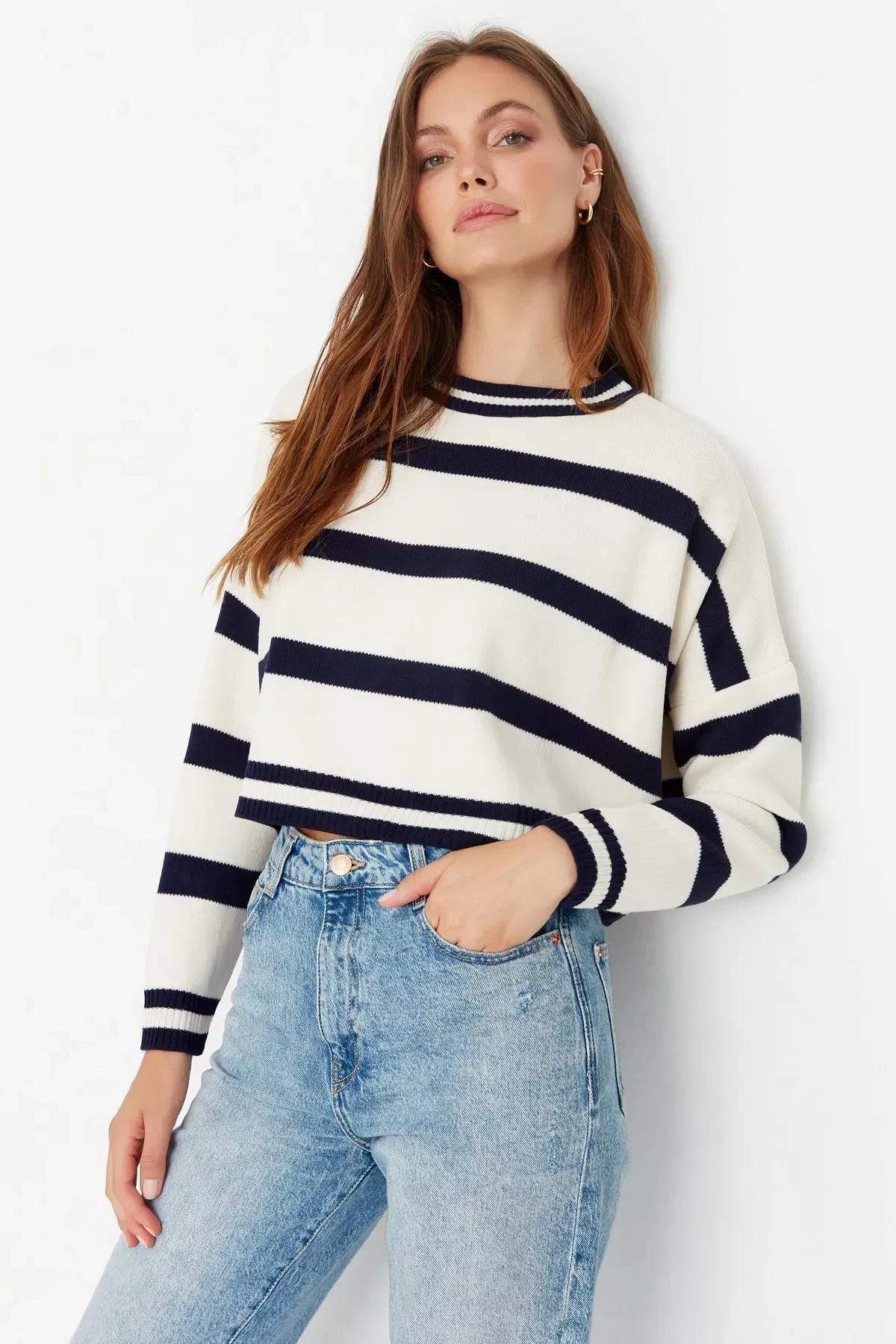 White Regular Striped Sweater, Ecru, large image number 0