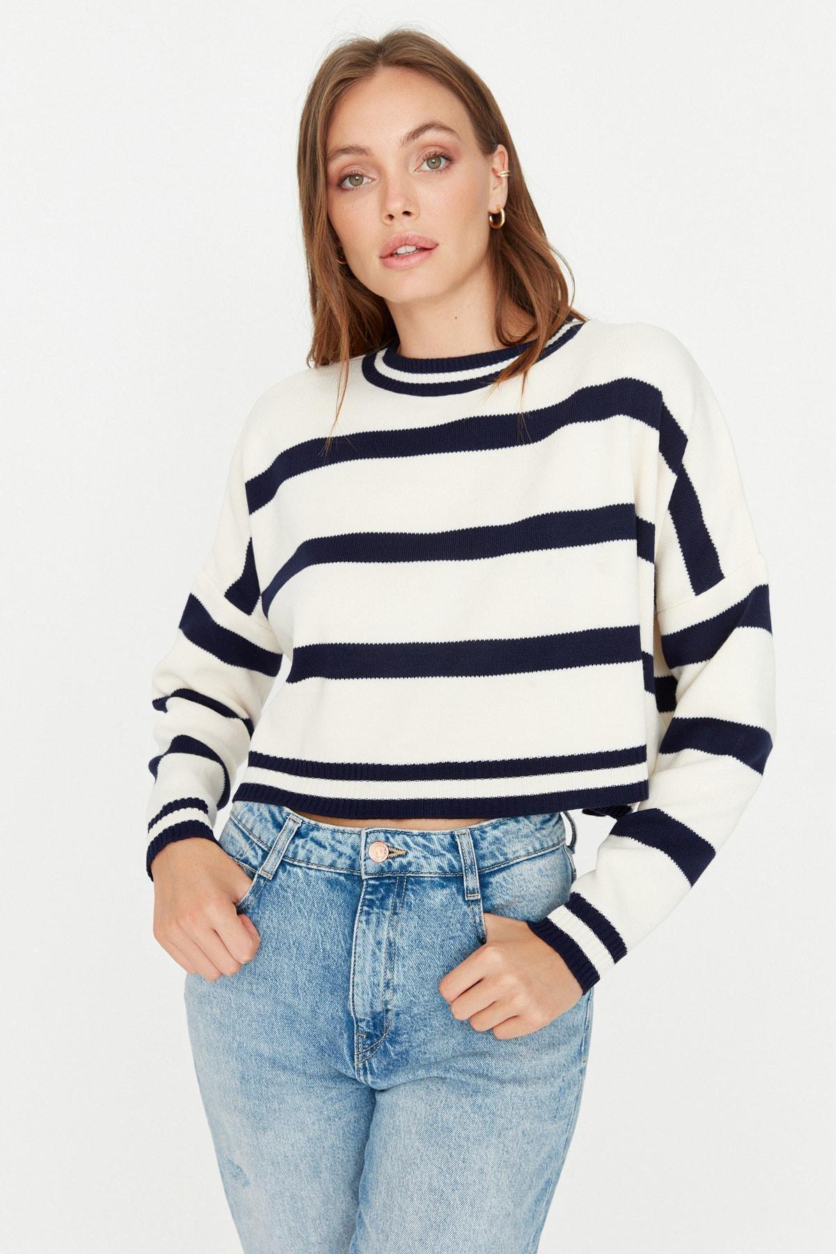 White Regular Striped Sweater, , large image number 1