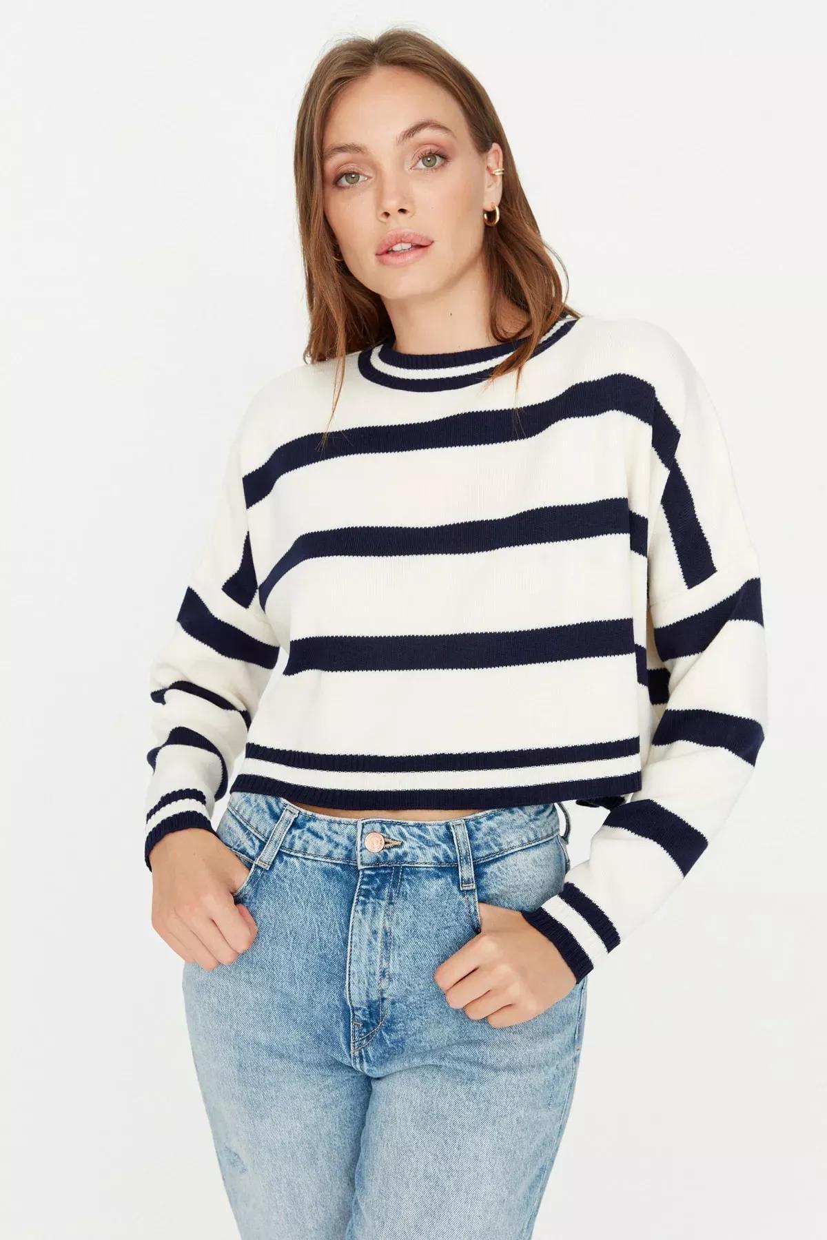 White Regular Striped Sweater, Ecru, large image number 1