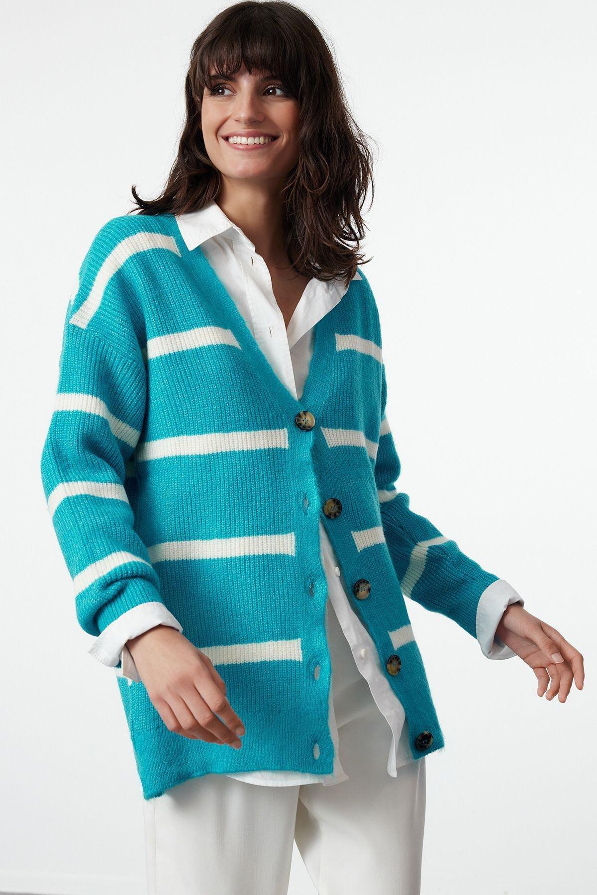 Blue Textured Striped Knitted Cardigan, , large image number 0