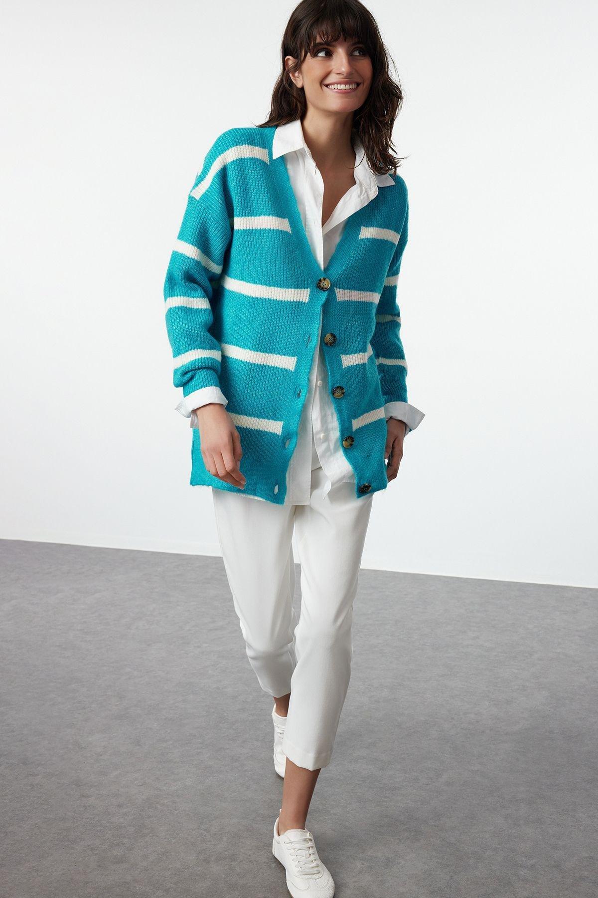 Blue Textured Striped Knitted Cardigan, , large image number 1