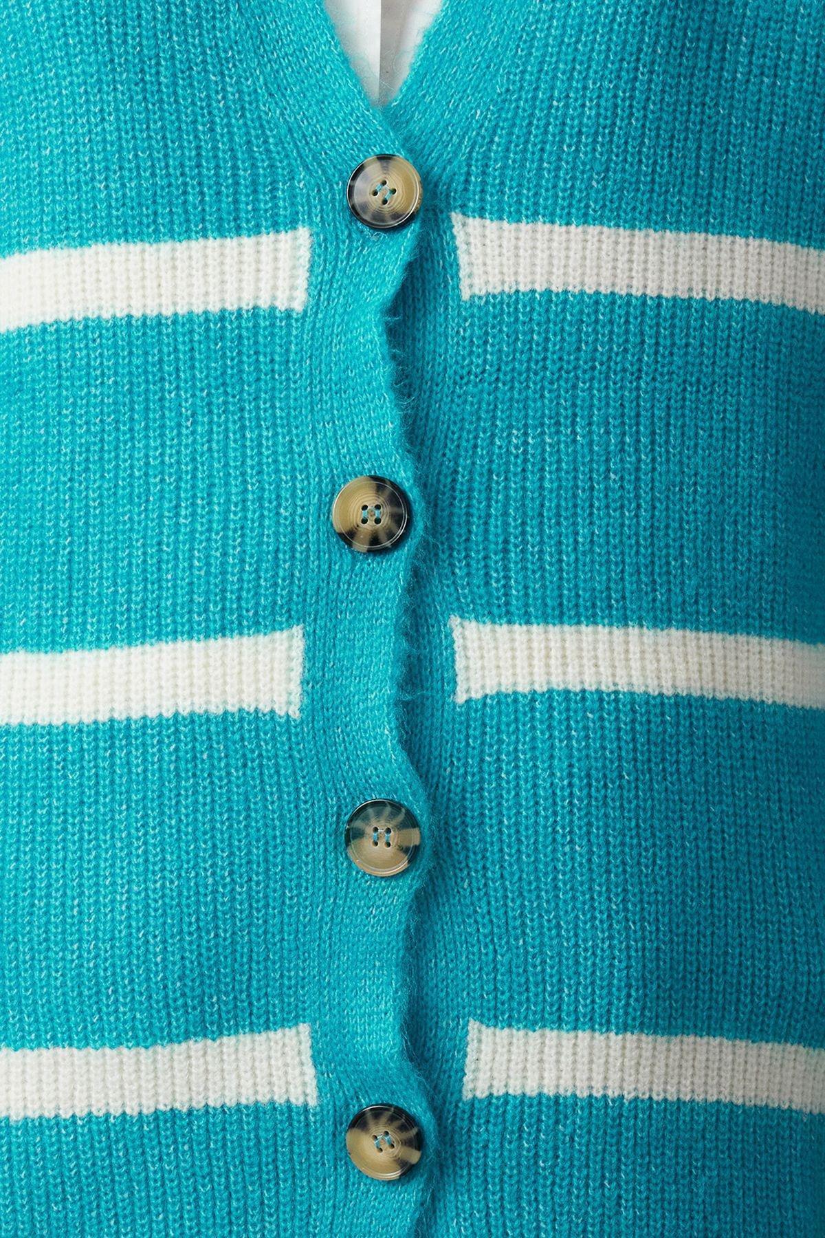 Blue Textured Striped Knitted Cardigan, , large image number 2