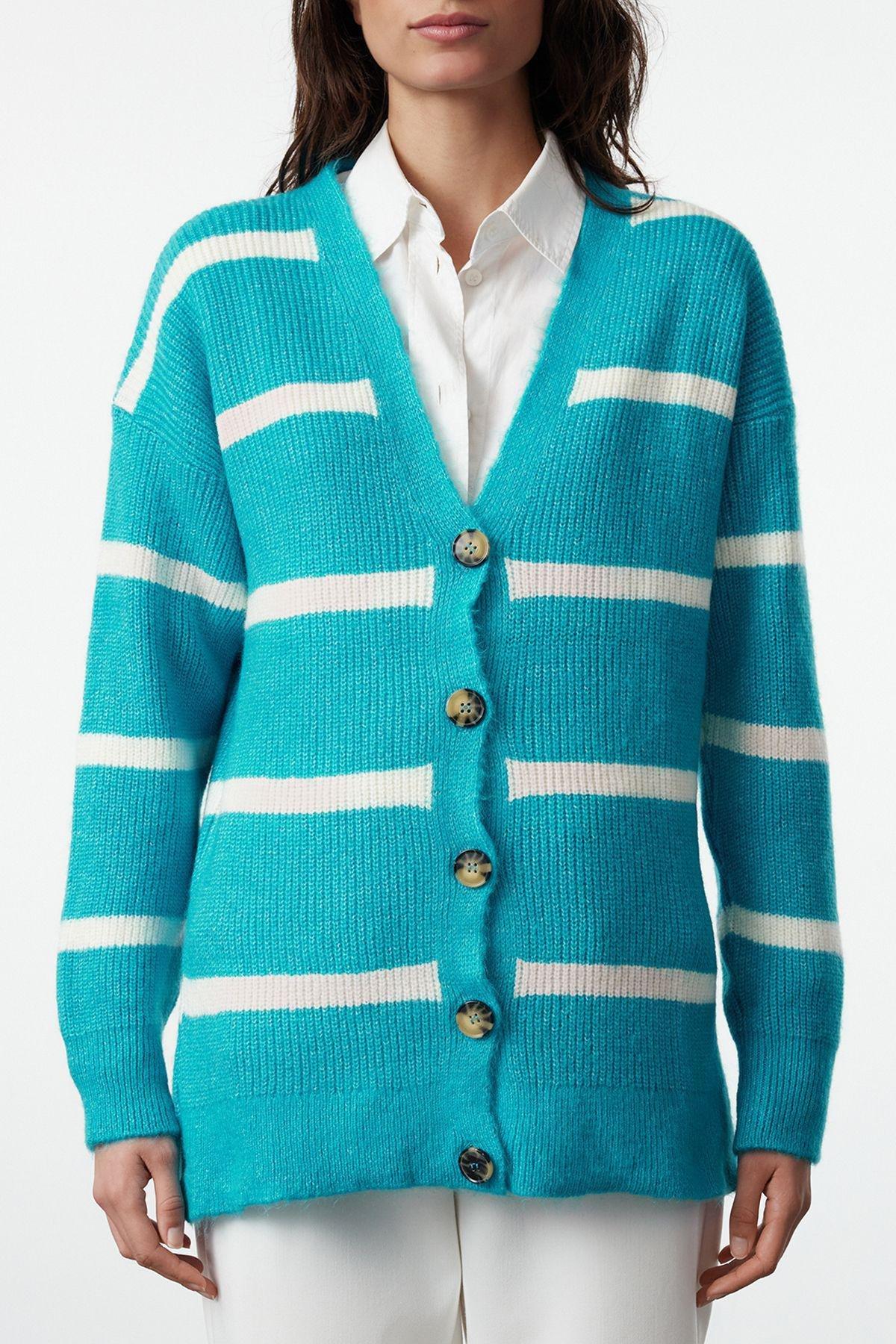 Blue Textured Striped Knitted Cardigan, , large image number 3