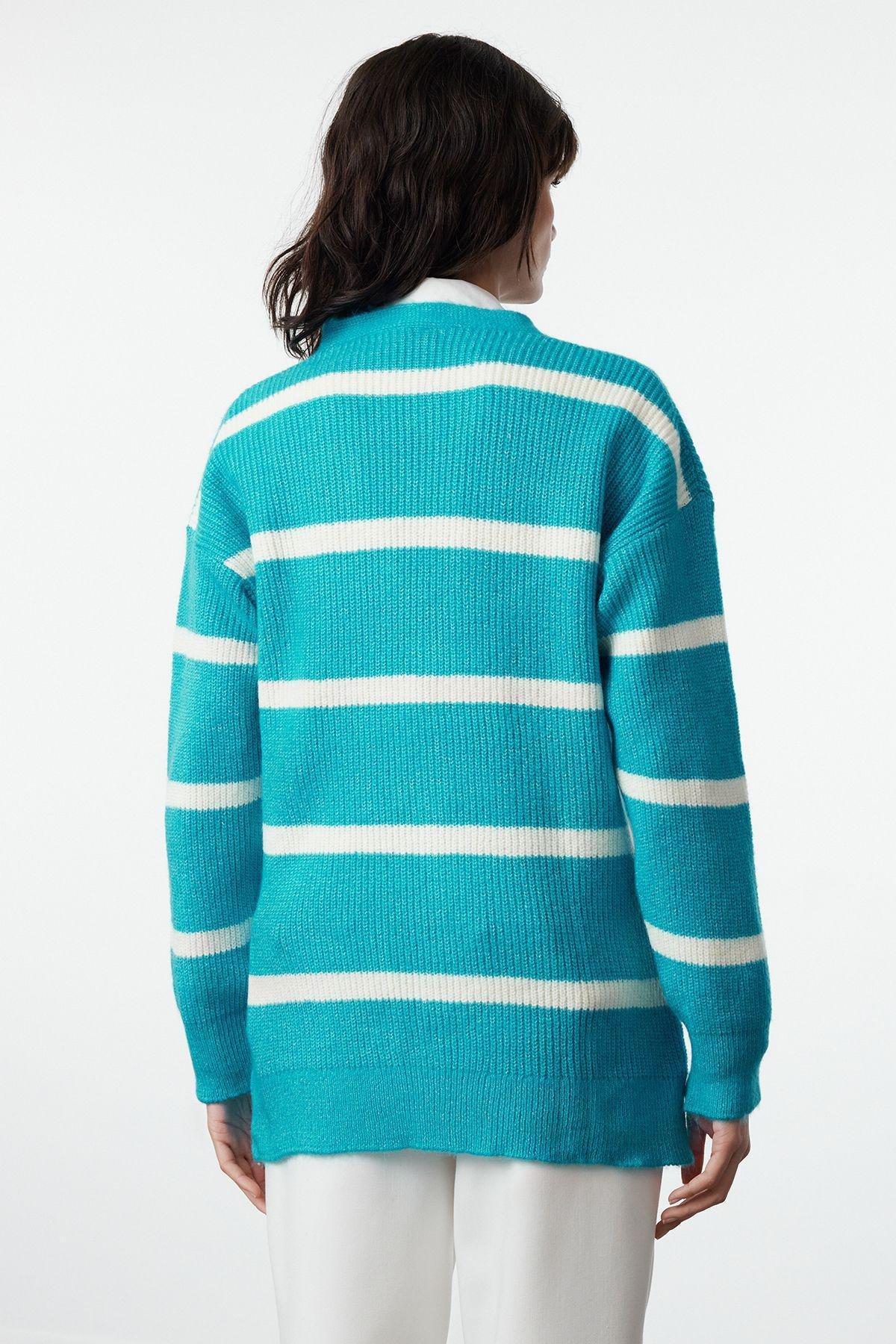 Blue Textured Striped Knitted Cardigan, , large image number 4