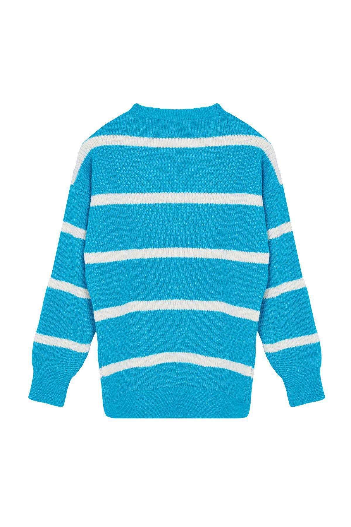 Blue Textured Striped Knitted Cardigan, , large image number 5