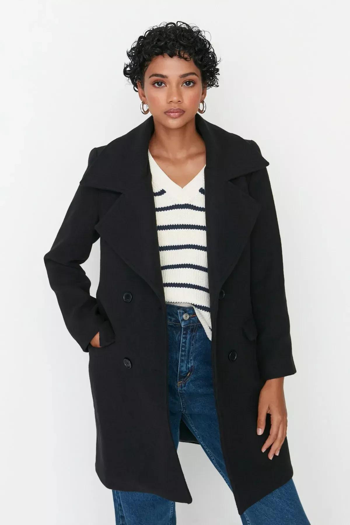Black Double Breasted Coat, Black, medium