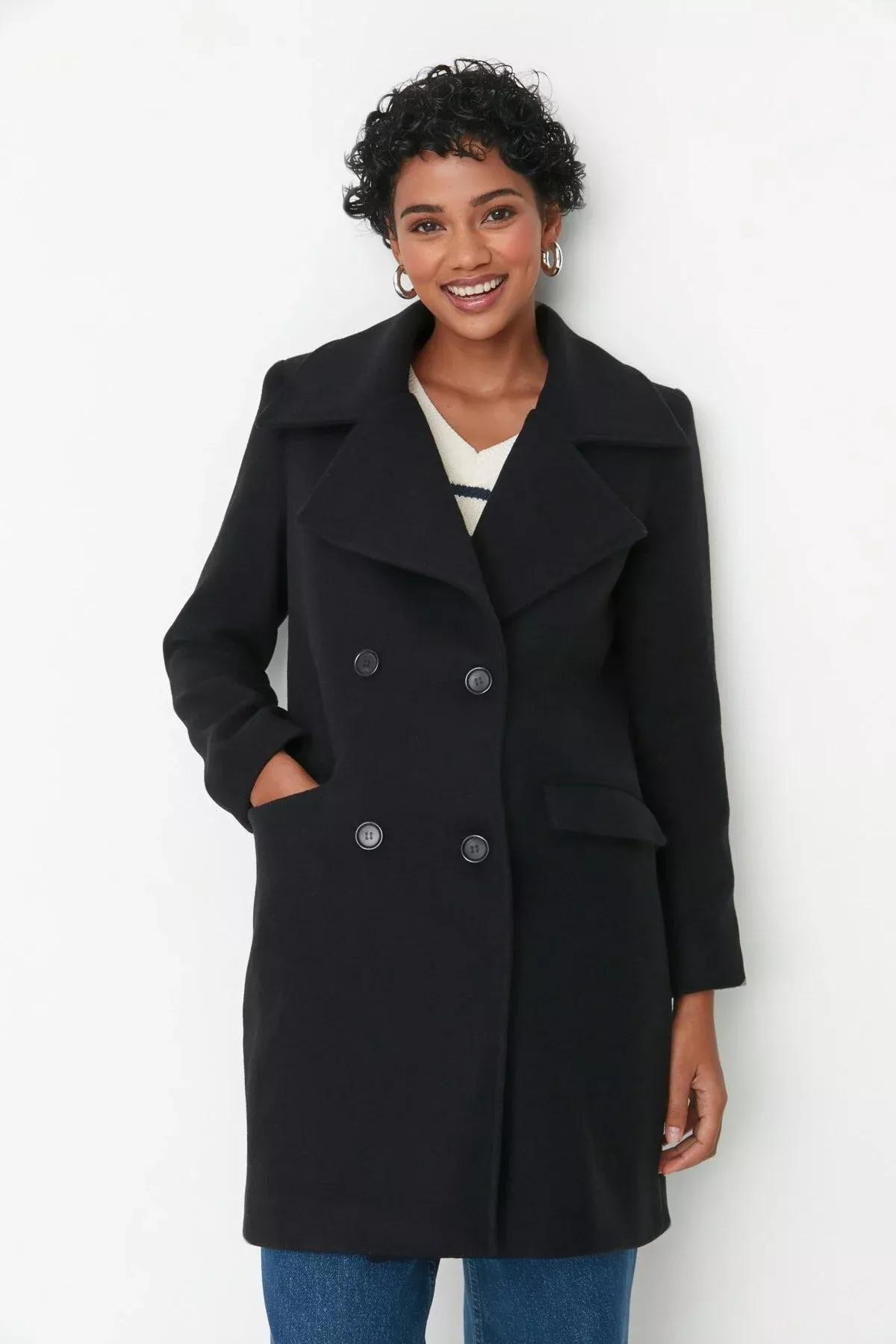 Black Double Breasted Coat, Black, medium