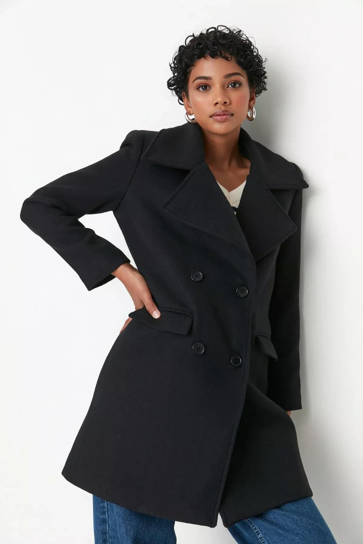 Black Double Breasted Coat, Black, medium