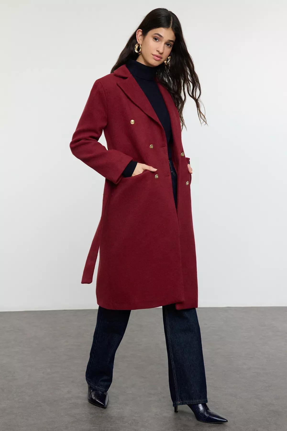 Burgundy Fitted Belted Coat, Burgundy, large image number 0