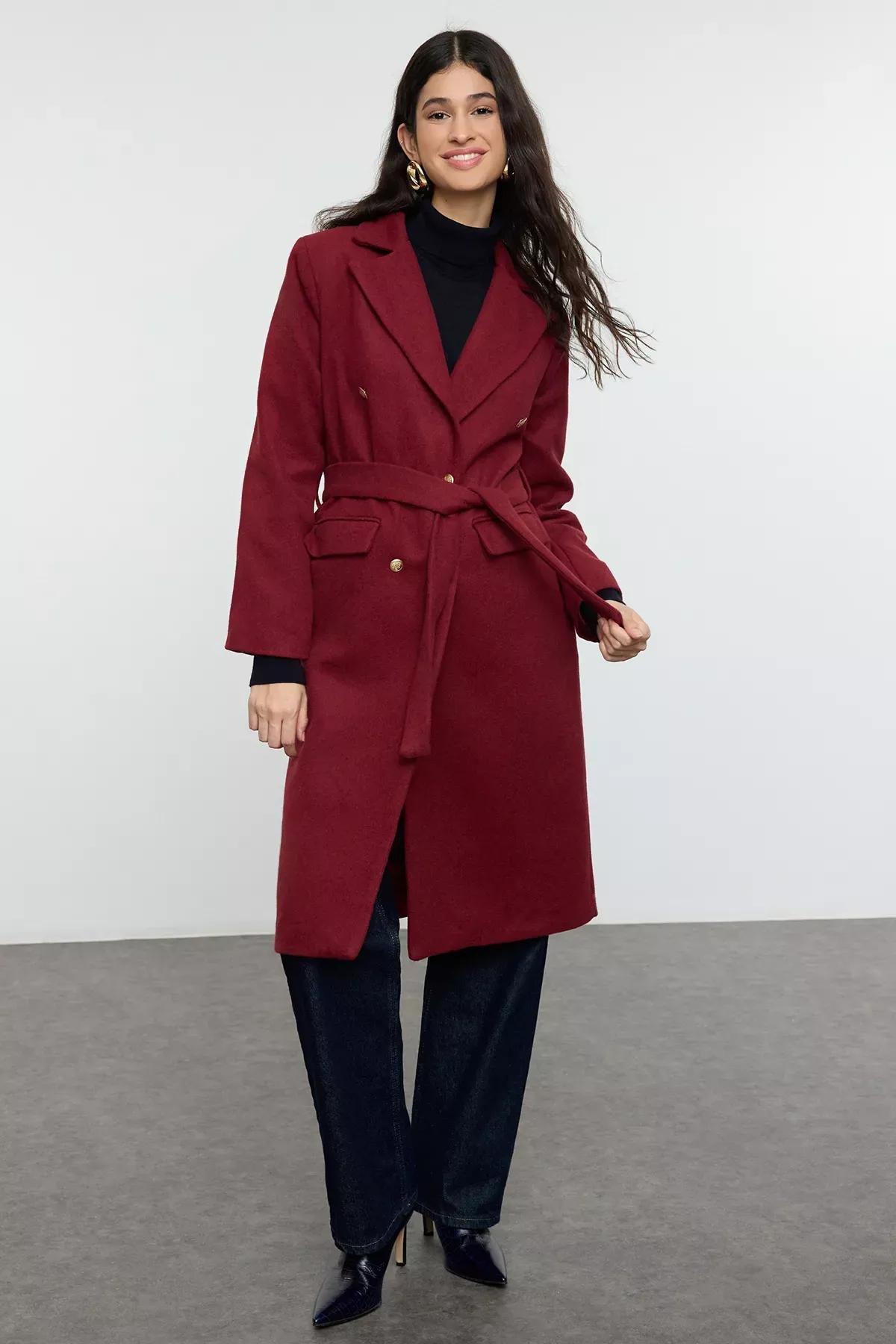 Burgundy Fitted Belted Coat, Burgundy, large image number 1