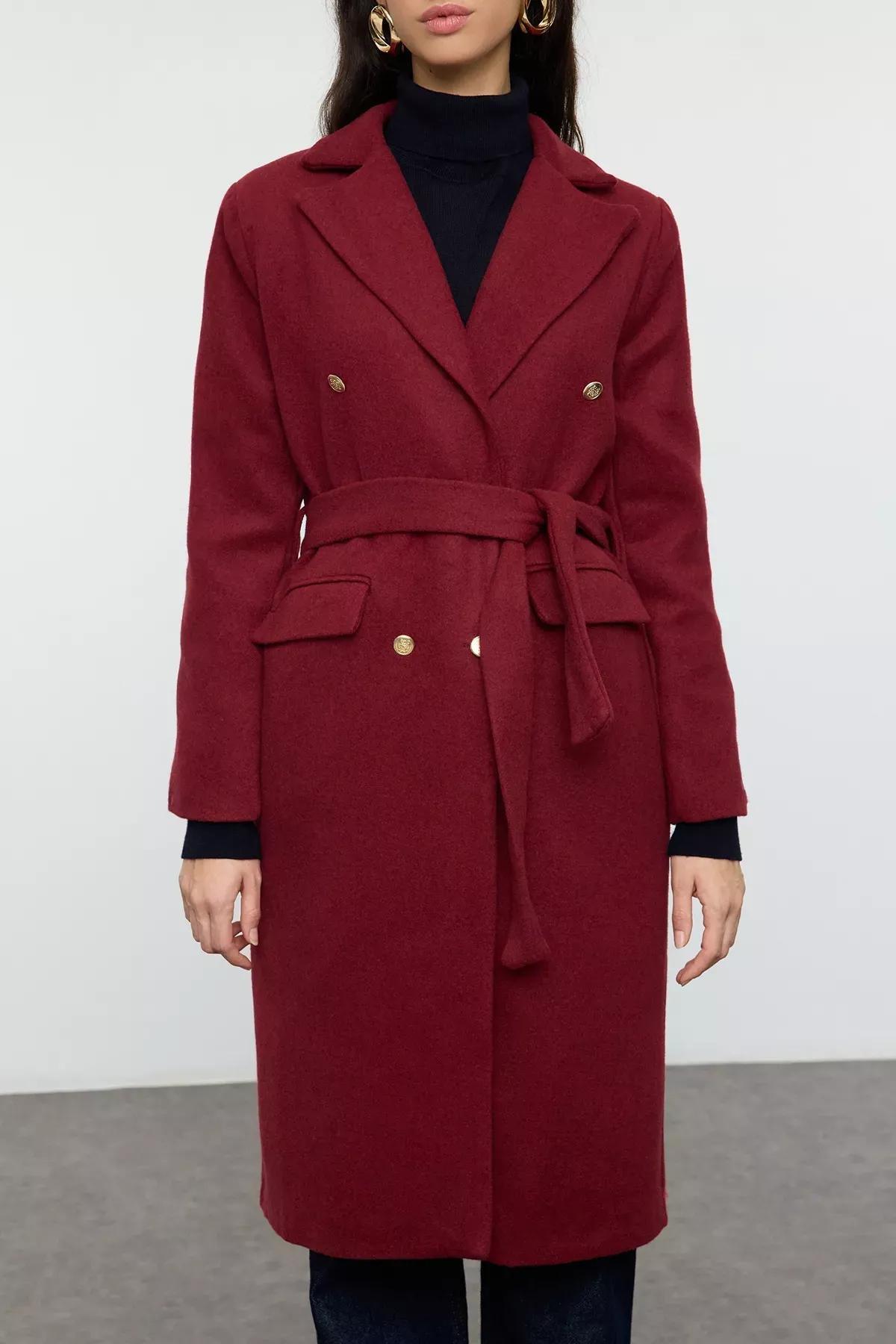 Burgundy Fitted Belted Coat, Burgundy, large image number 2