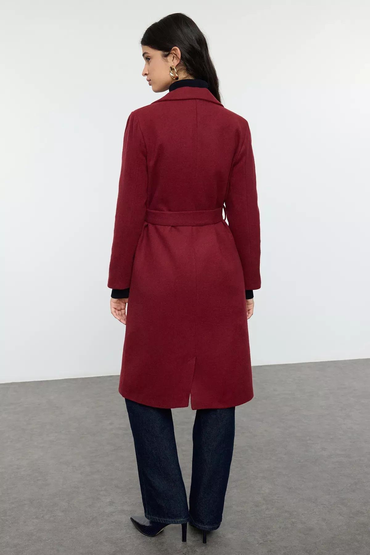 Burgundy Fitted Belted Coat, Burgundy, large image number 4