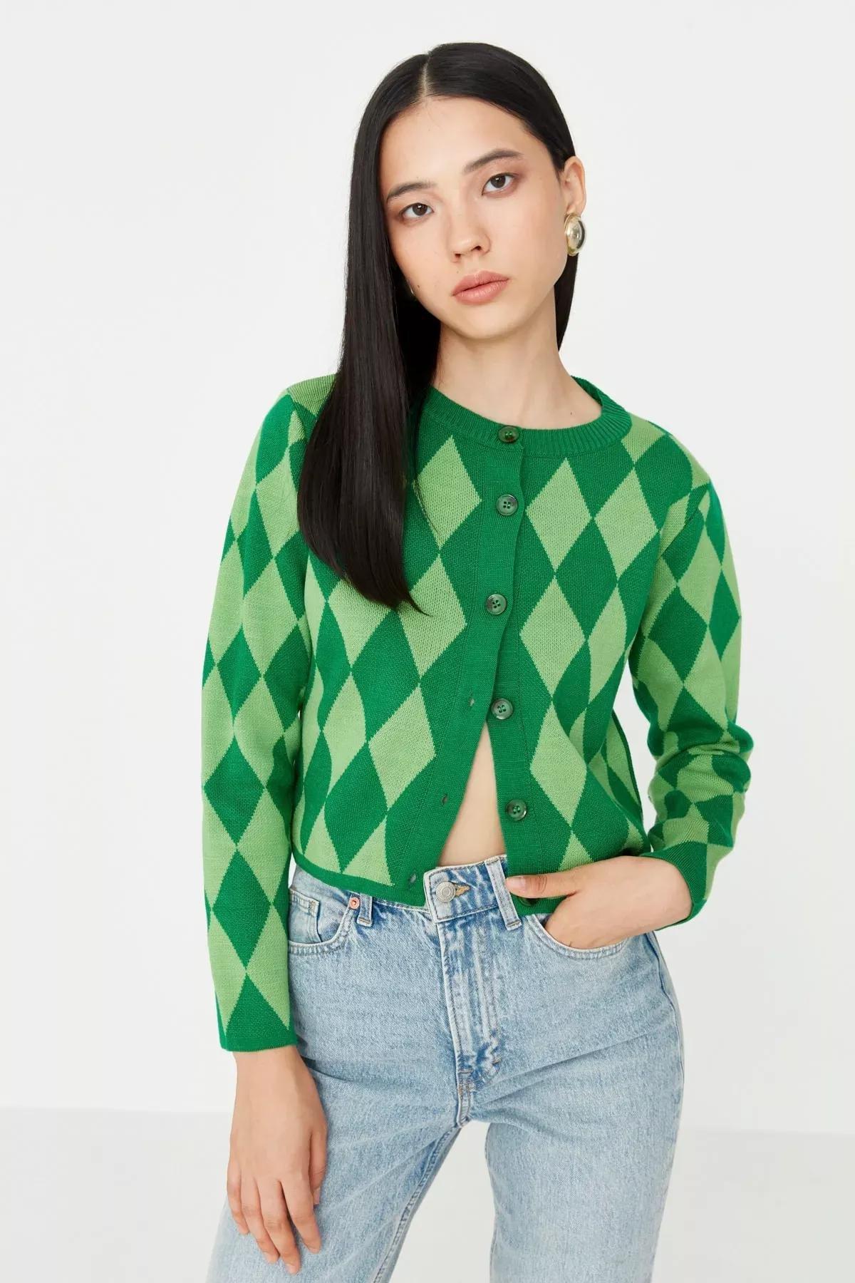 Green Crop Knitwear Cardigan, Green, large image number 1