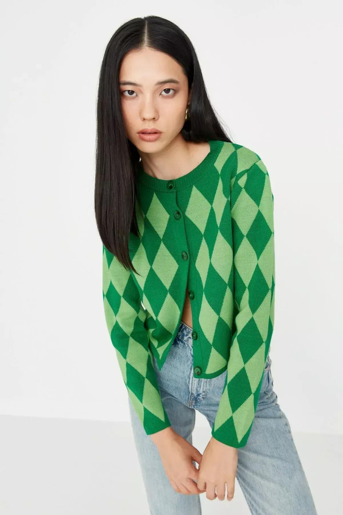 Green Crop Knitwear Cardigan, Green, large image number 2