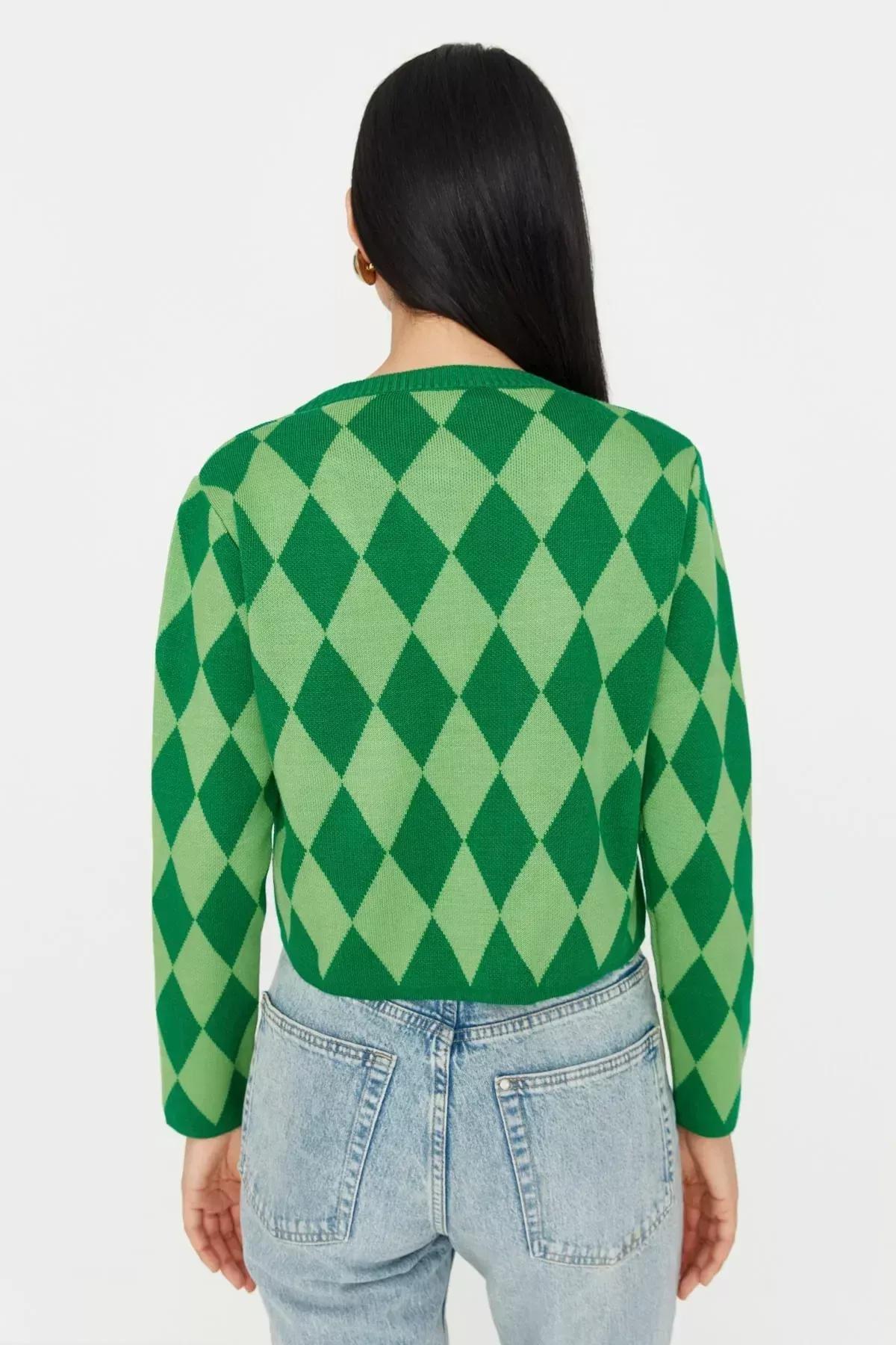 Green Crop Knitwear Cardigan, Green, large image number 4