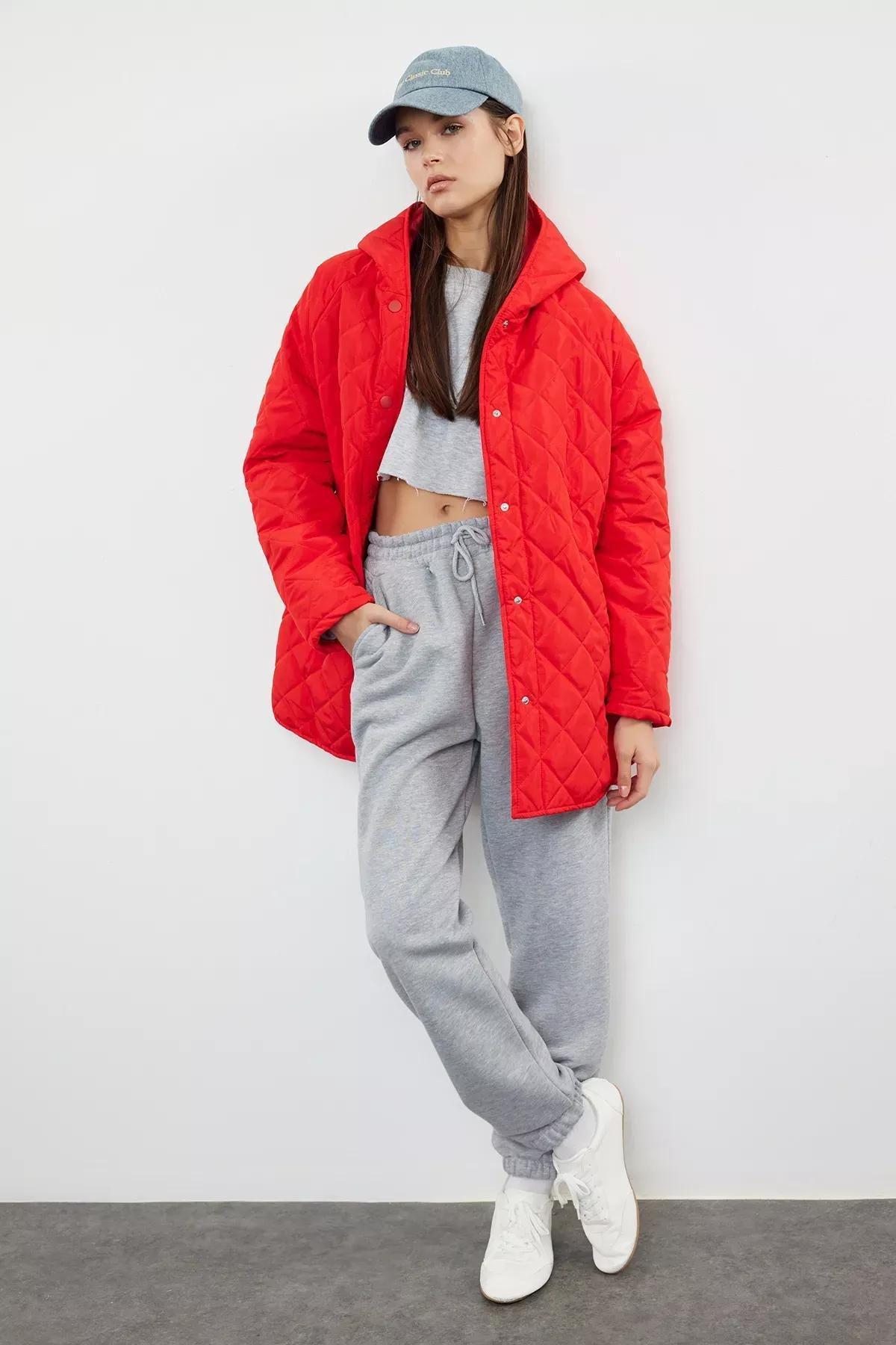 Red Hooded Water Repellent Quilted Coat, Red, large image number 1