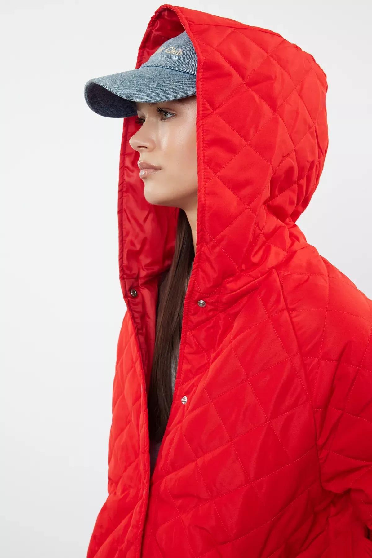 Red Hooded Water Repellent Quilted Coat, Red, large image number 2