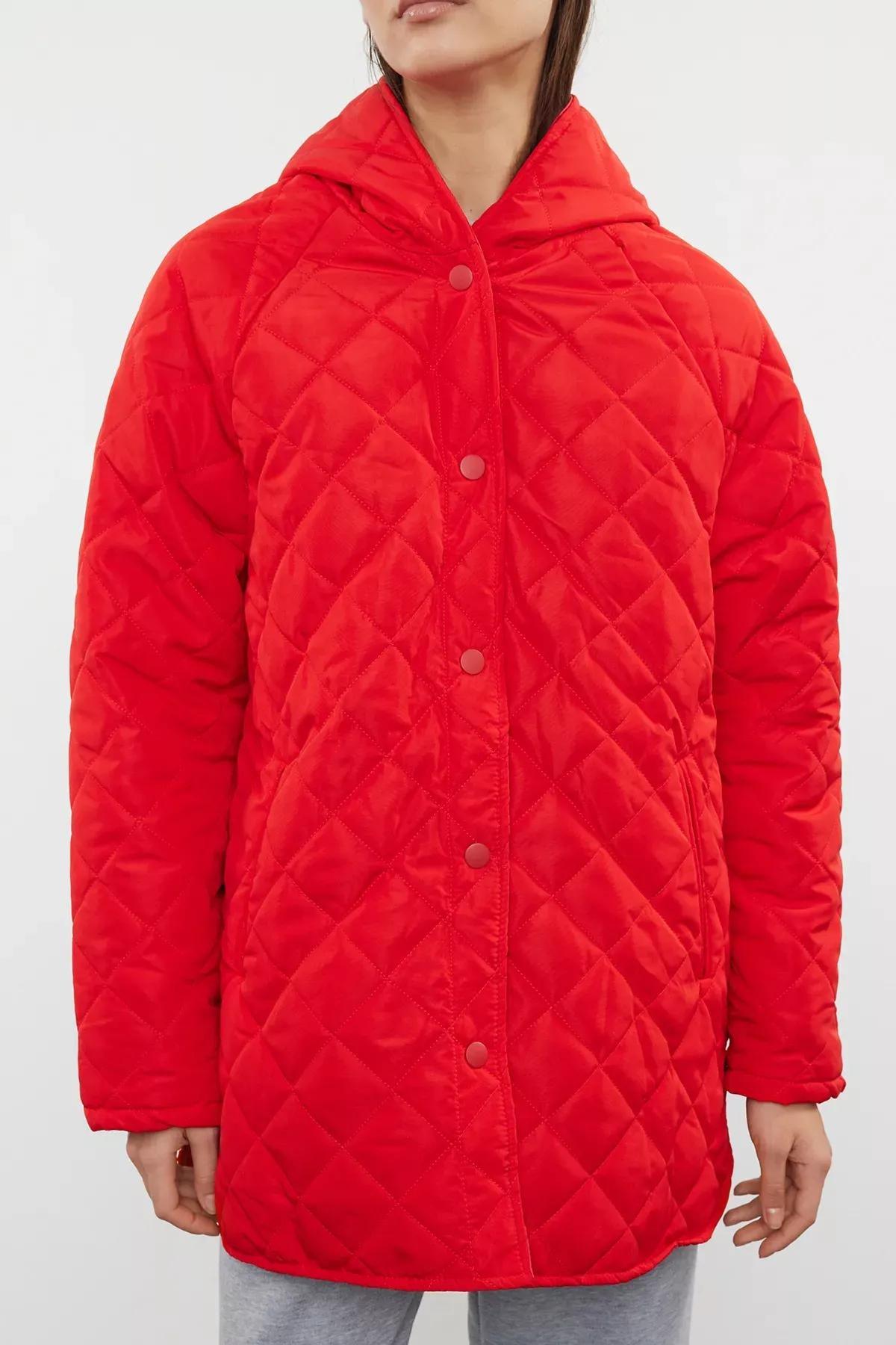Red Hooded Water Repellent Quilted Coat, Red, large image number 3
