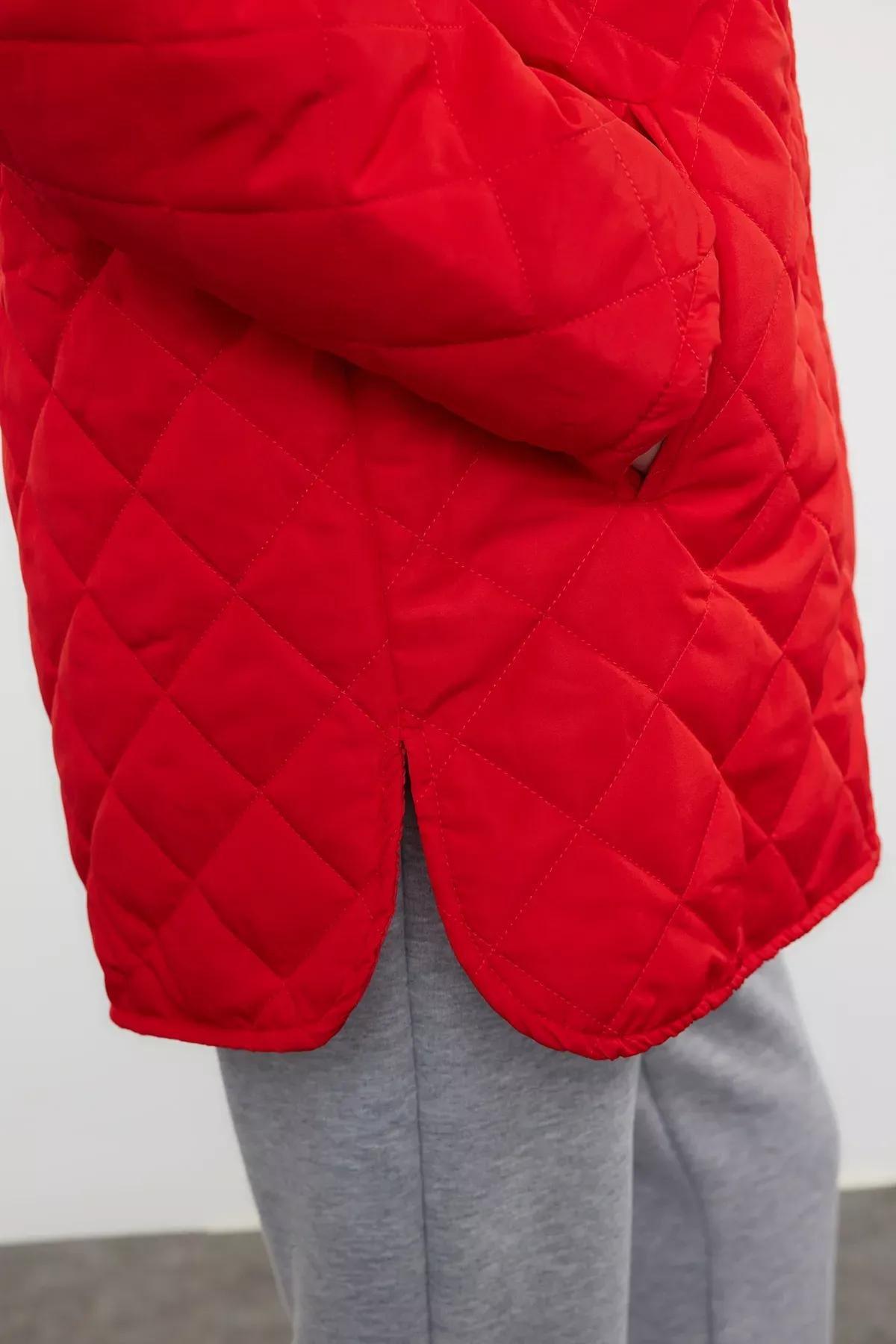 Red Hooded Water Repellent Quilted Coat, Red, large image number 4