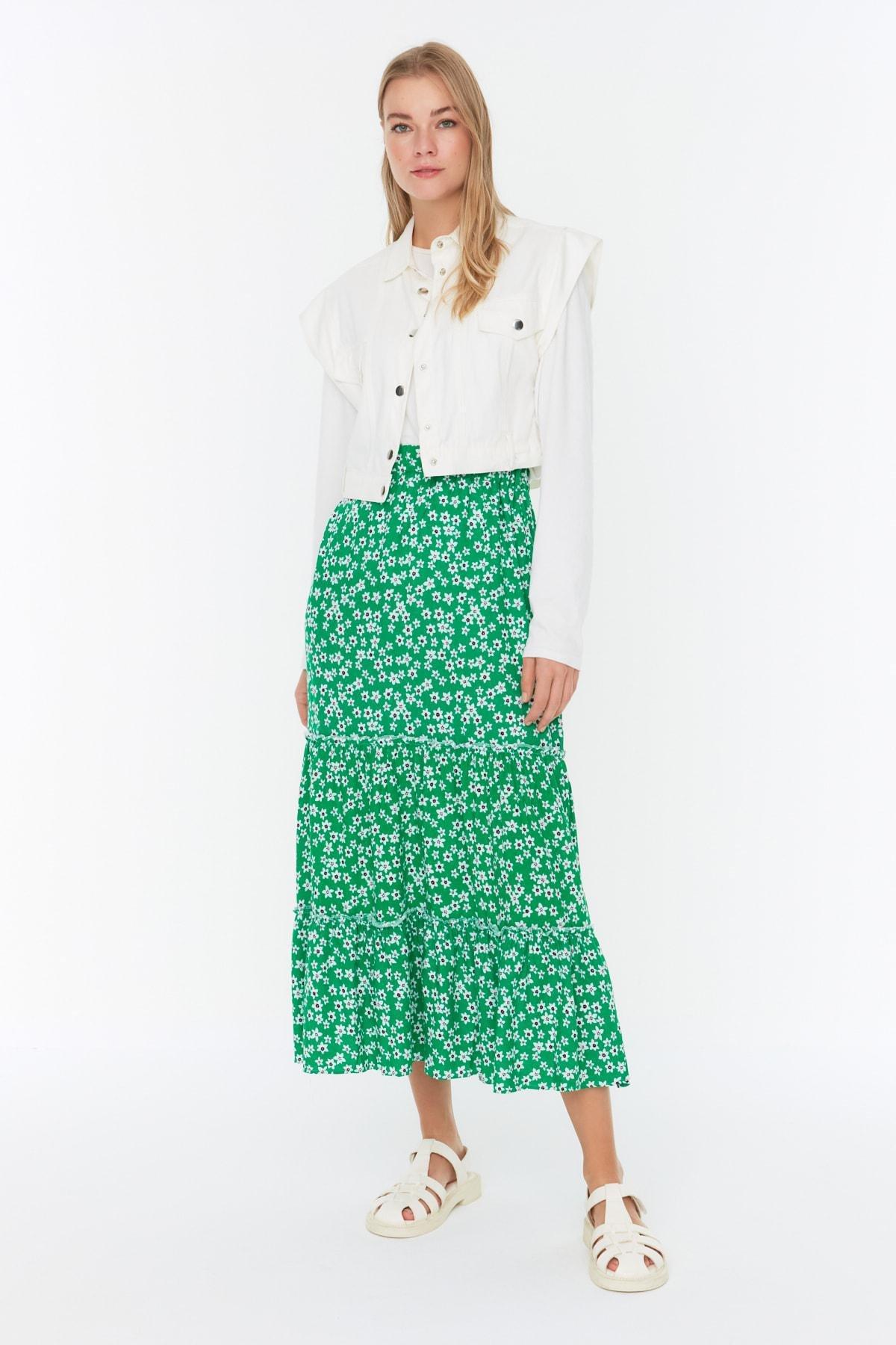 Green Floral Maxi Skirt, , large image number 0