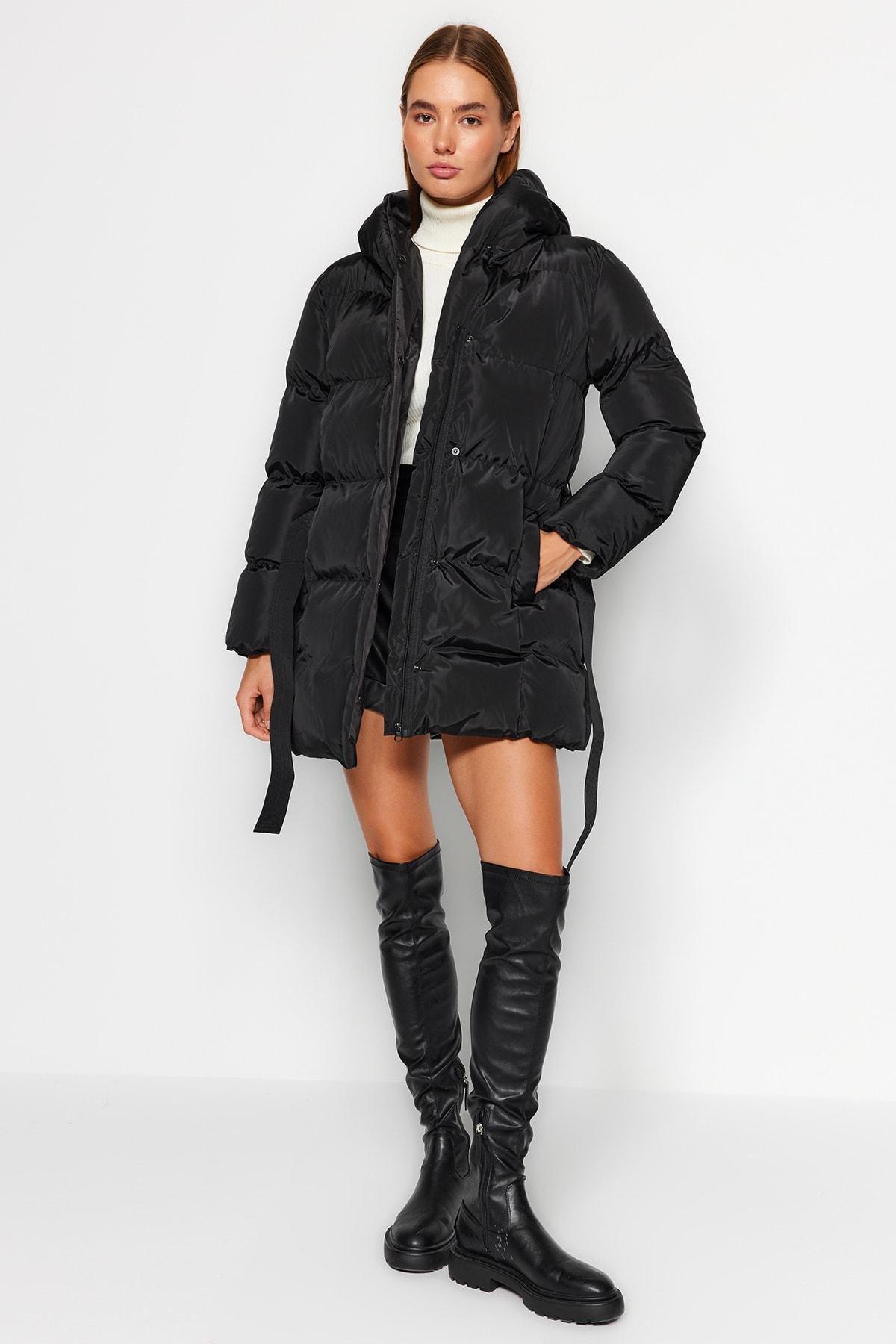 Black Hooded Puffer Jacket, , large image number 1