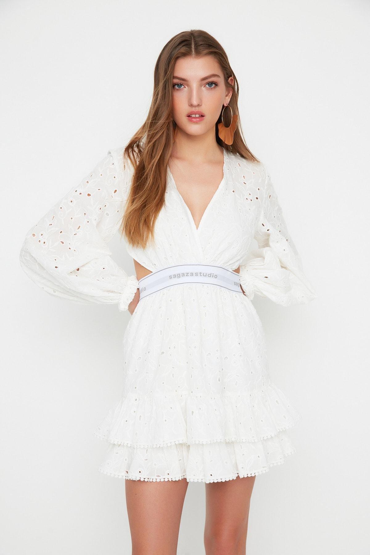 White Detailed Embroidered Dress, , large image number 1