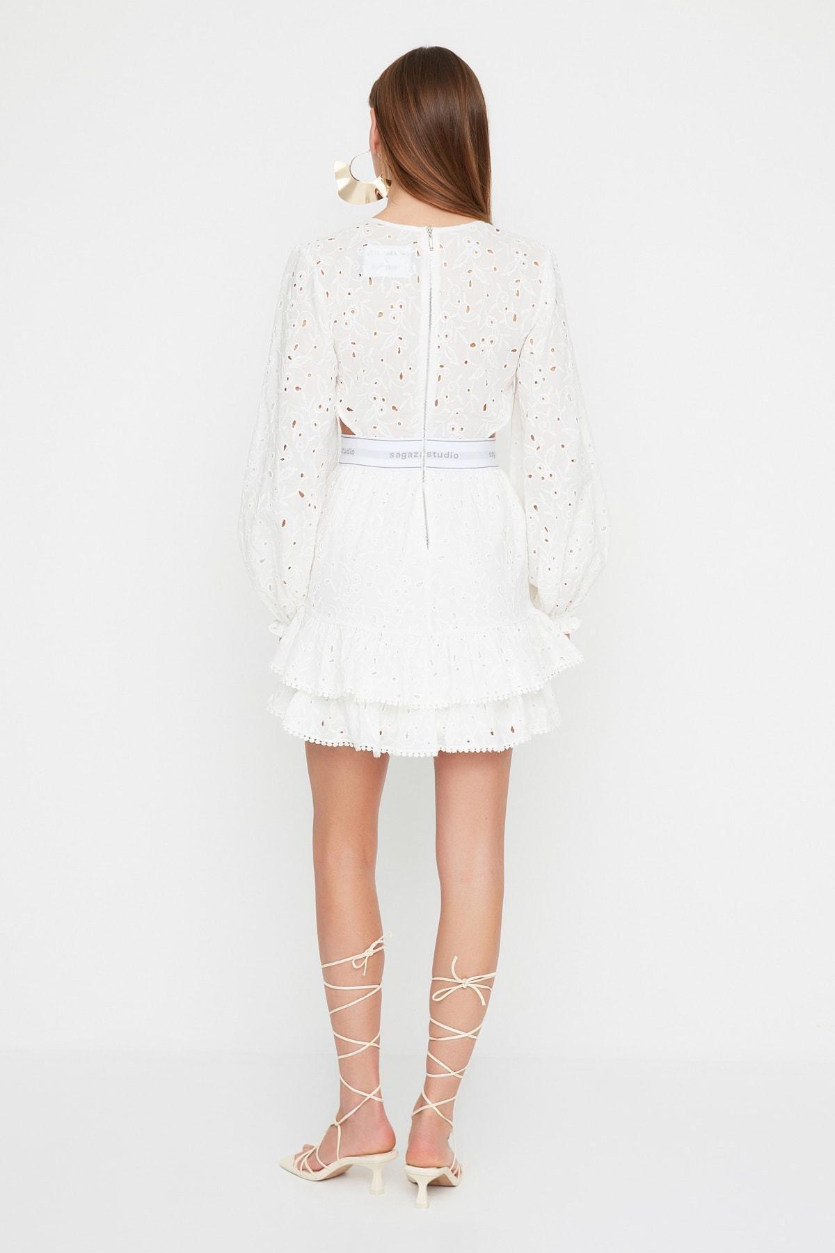 White Detailed Embroidered Dress, , large image number 6