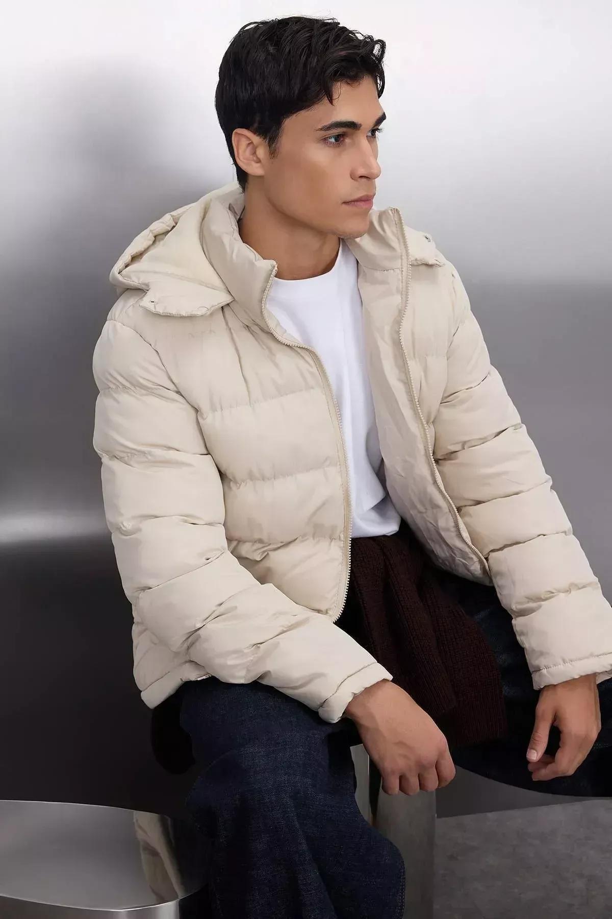 Beige Puffer Windproof Jacket, Beige, medium