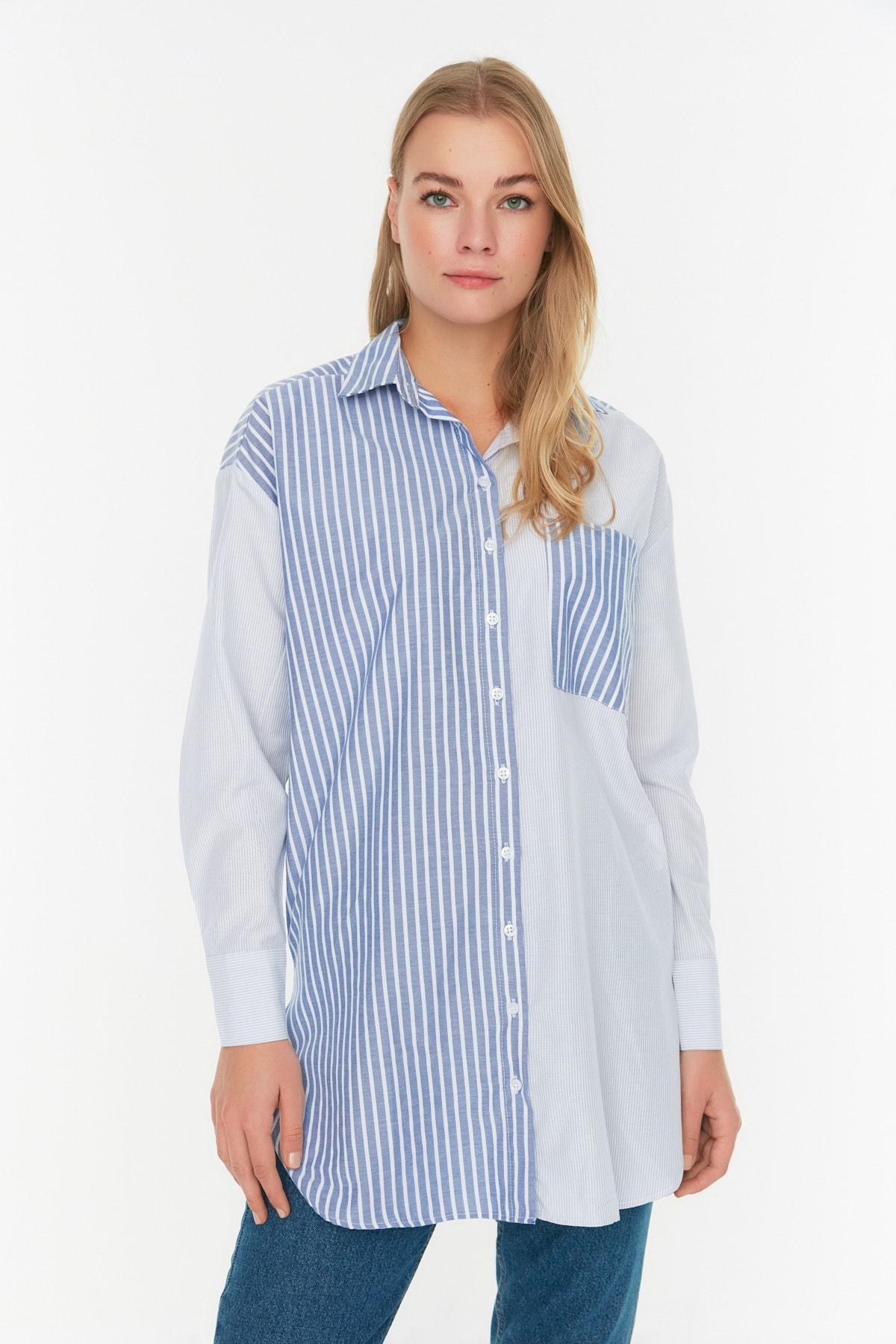 Trendyol - Blue Striped Cotton Shirt