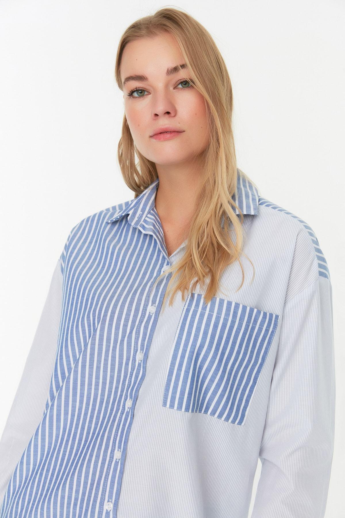 Trendyol - Blue Striped Cotton Shirt
