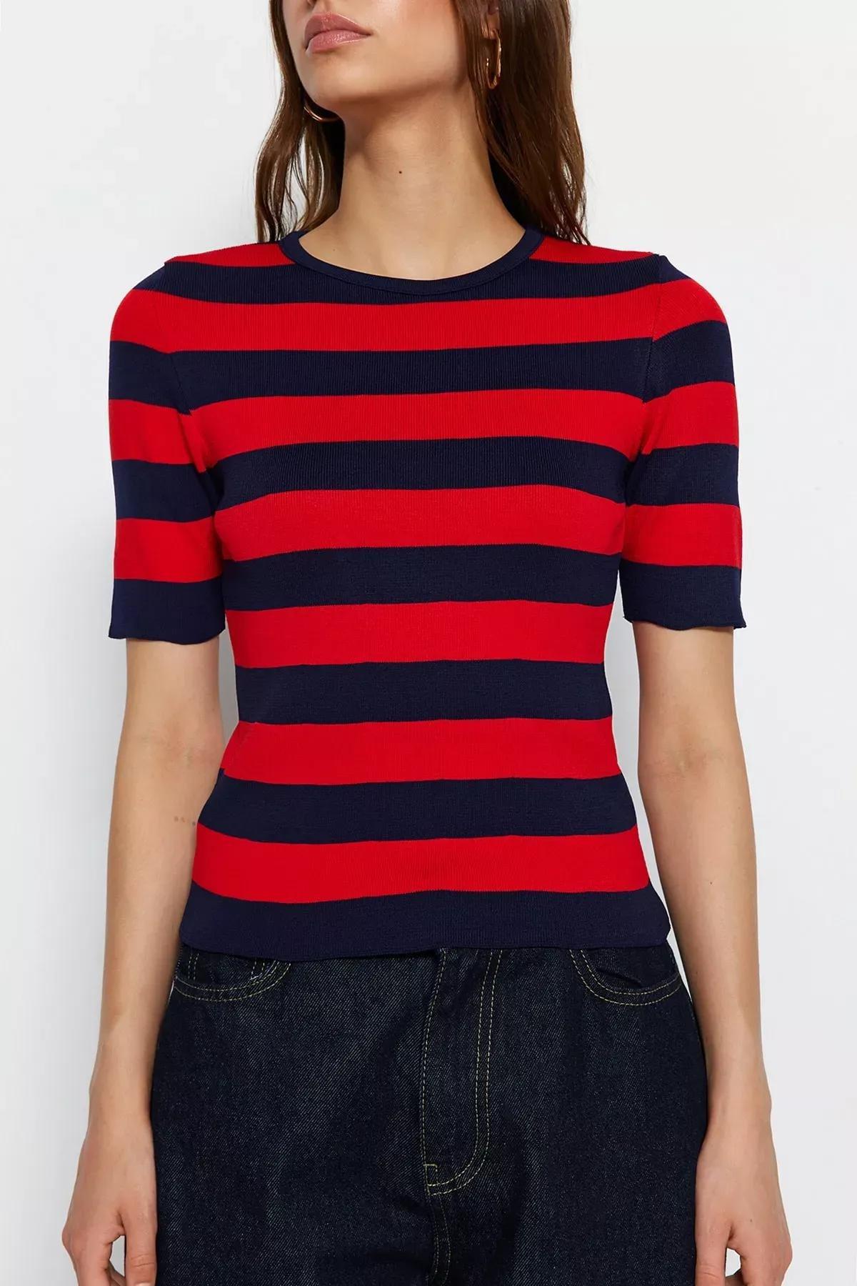 Navy V-Neck Slim Blouse, Dark blue, large image number 1