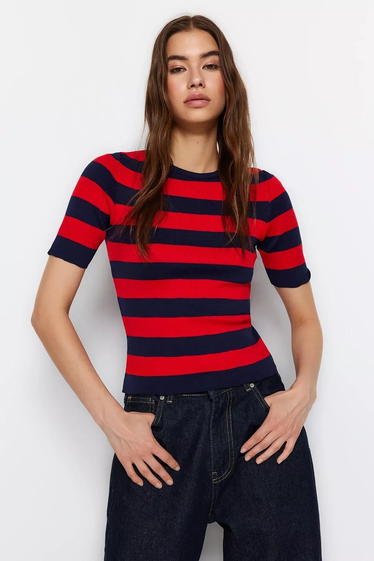 Navy V-Neck Slim Blouse, Dark blue, large image number 3