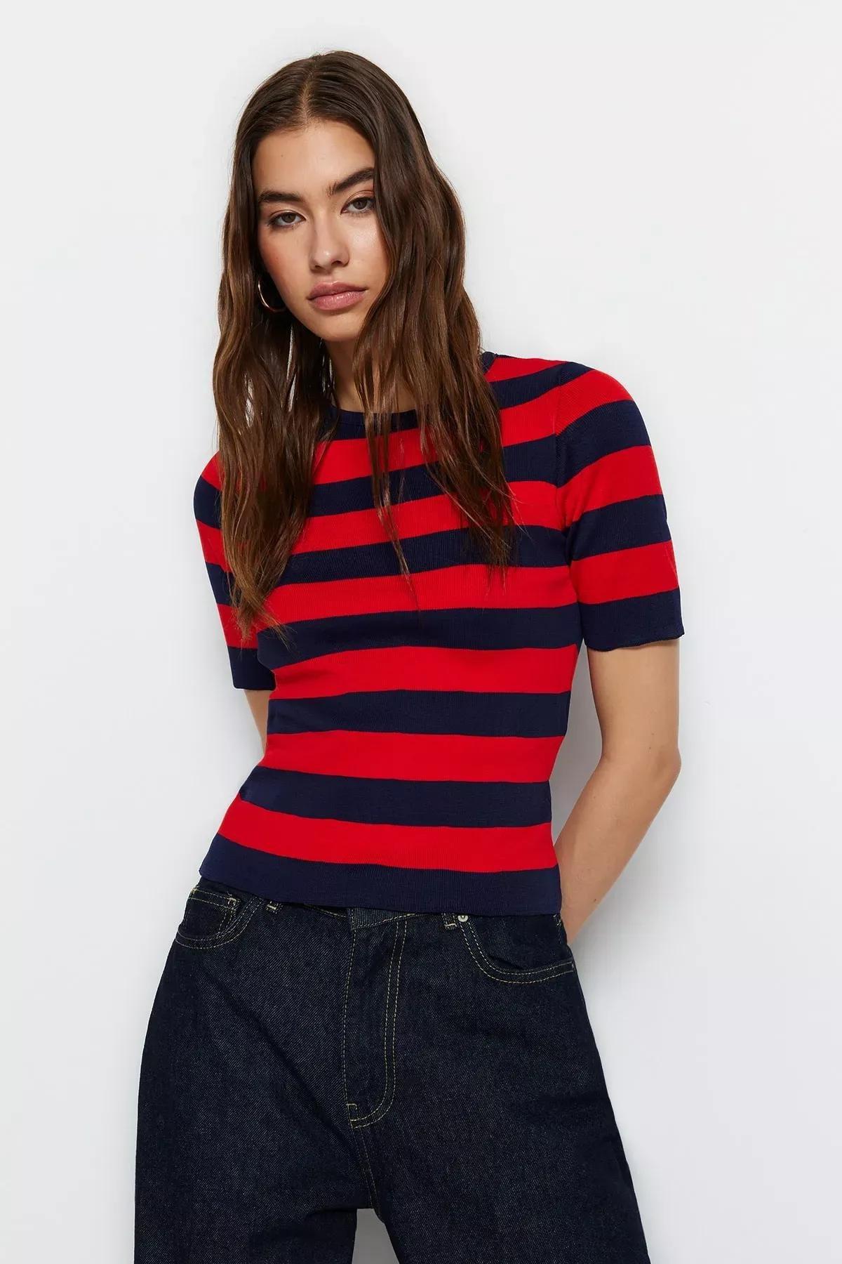Navy V-Neck Slim Blouse, Dark blue, large image number 4