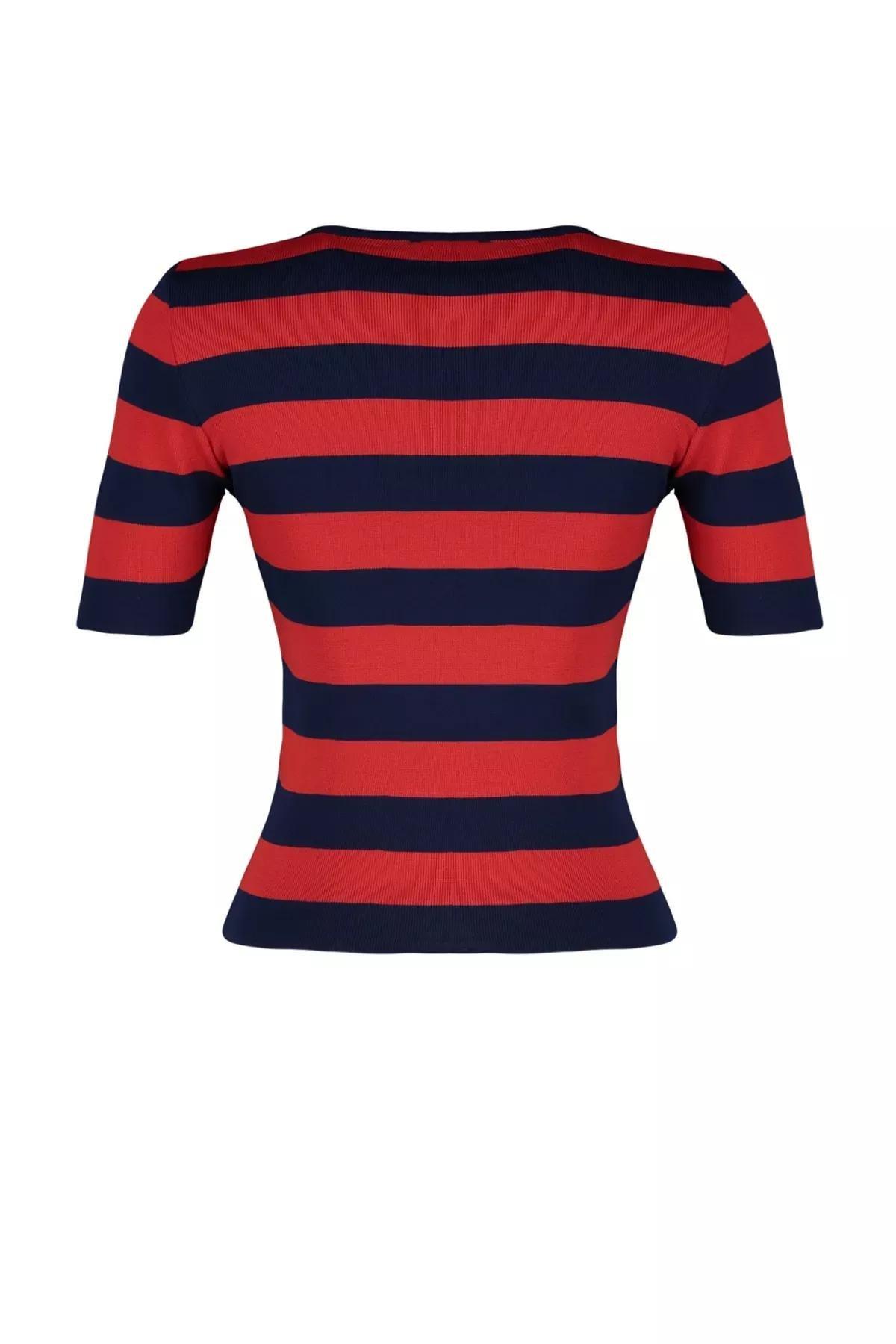 Navy V-Neck Slim Blouse, Dark blue, large image number 7