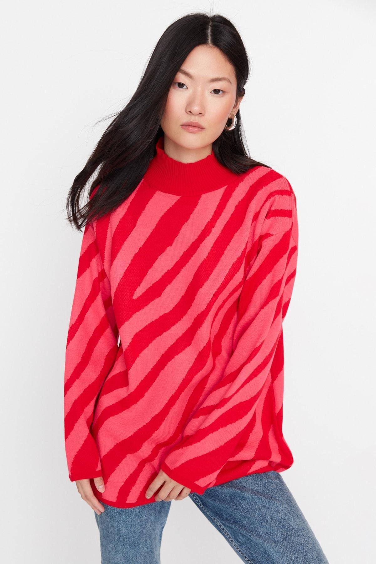 Red Crew Neck Striper Sweater, , large image number 0