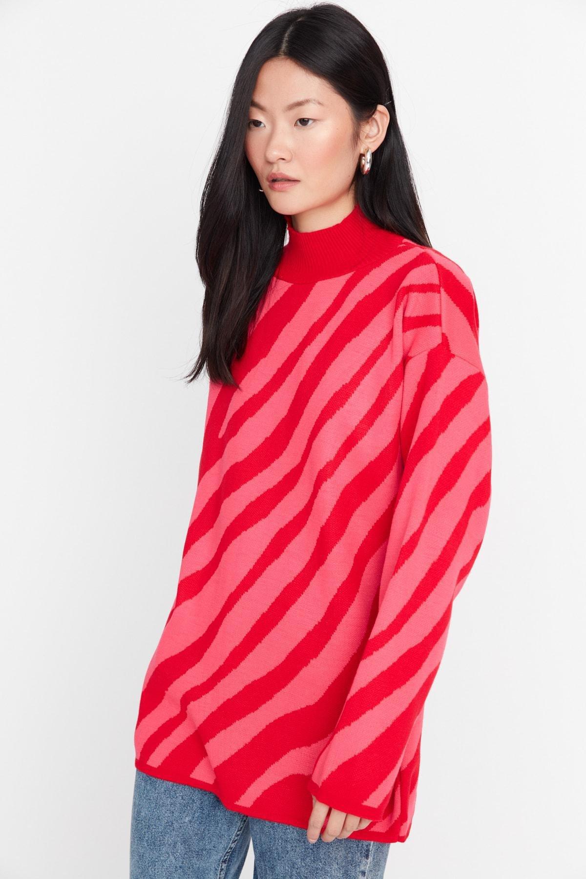 Red Crew Neck Striper Sweater, , large image number 1