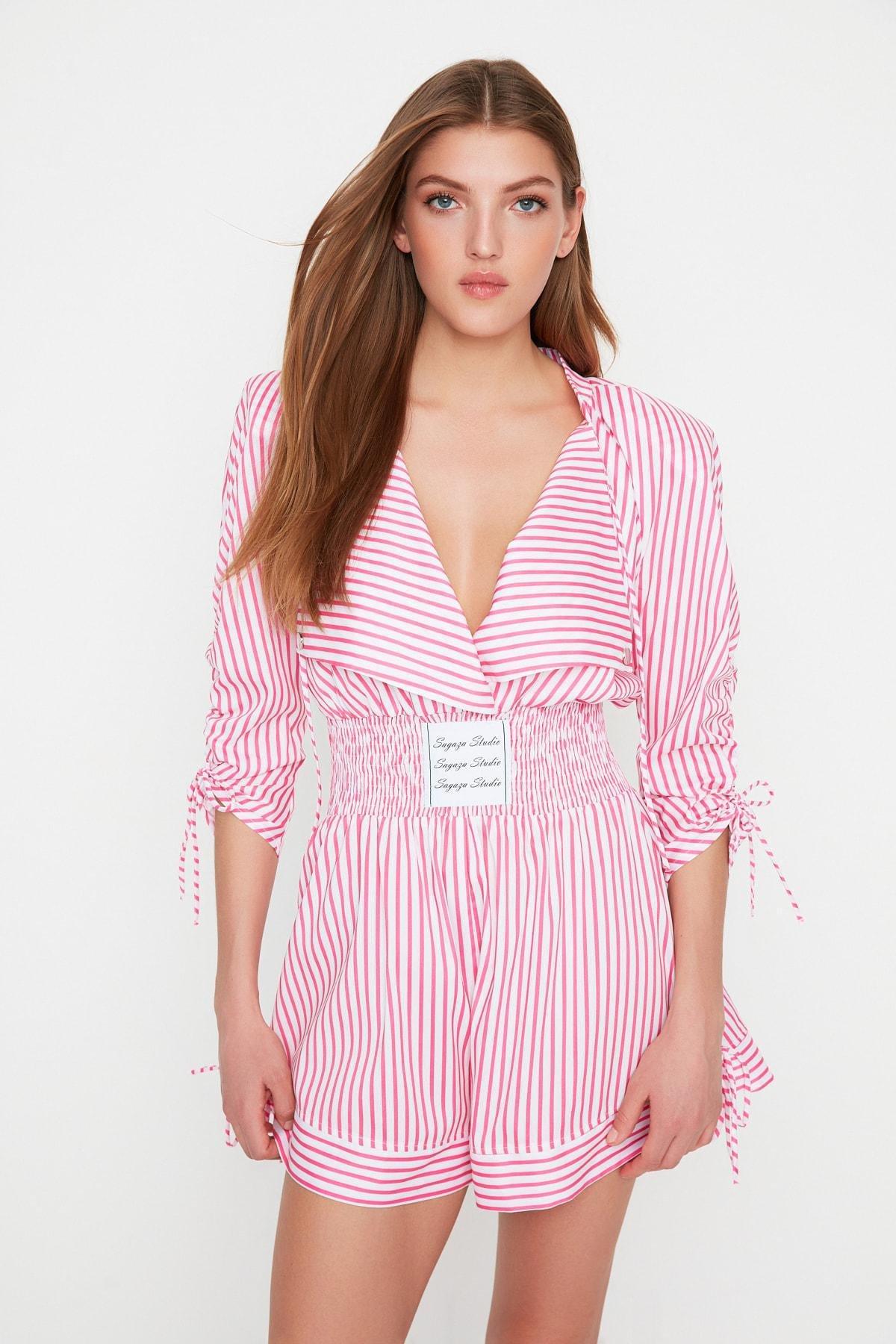 Pink Striped Poplin Jumpsuit, White, medium