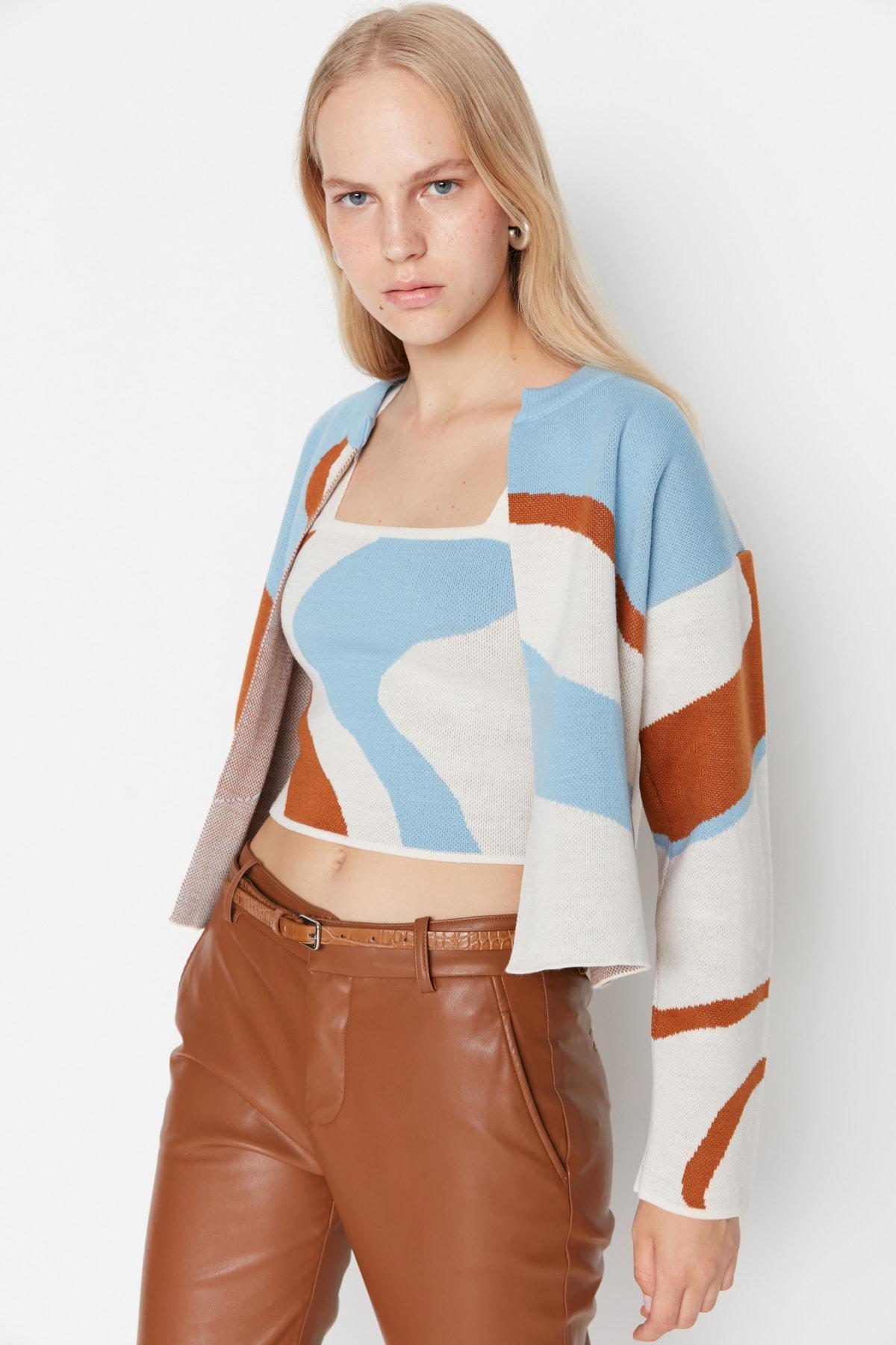 Blue Colour Block Cardigan, , large image number 0