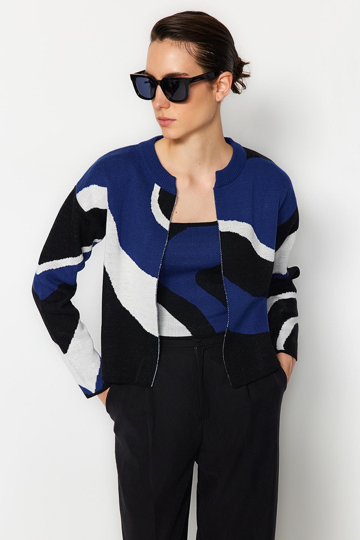 Blue Colour Block Cardigan, , large image number 2
