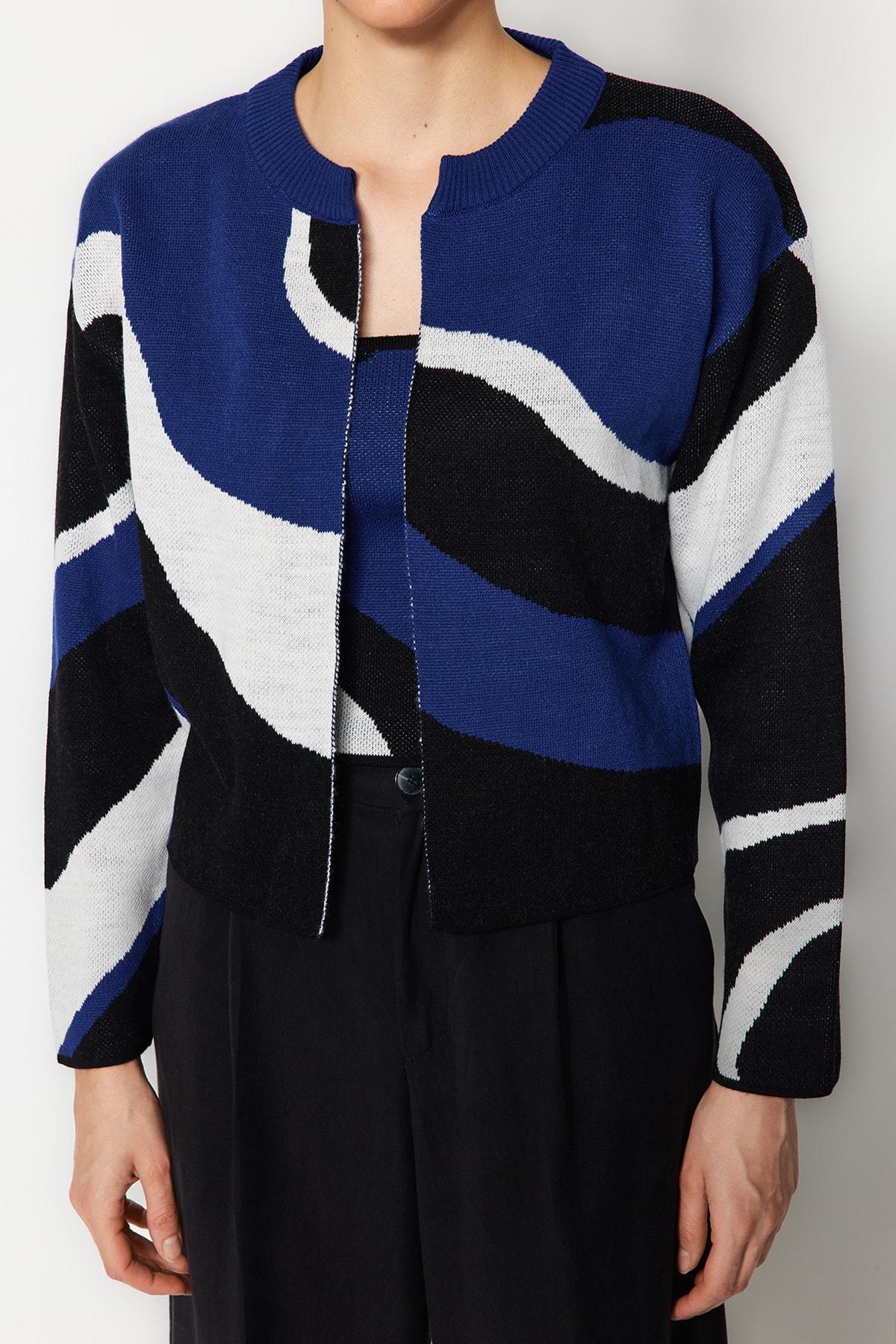 Blue Colour Block Cardigan, , large image number 10