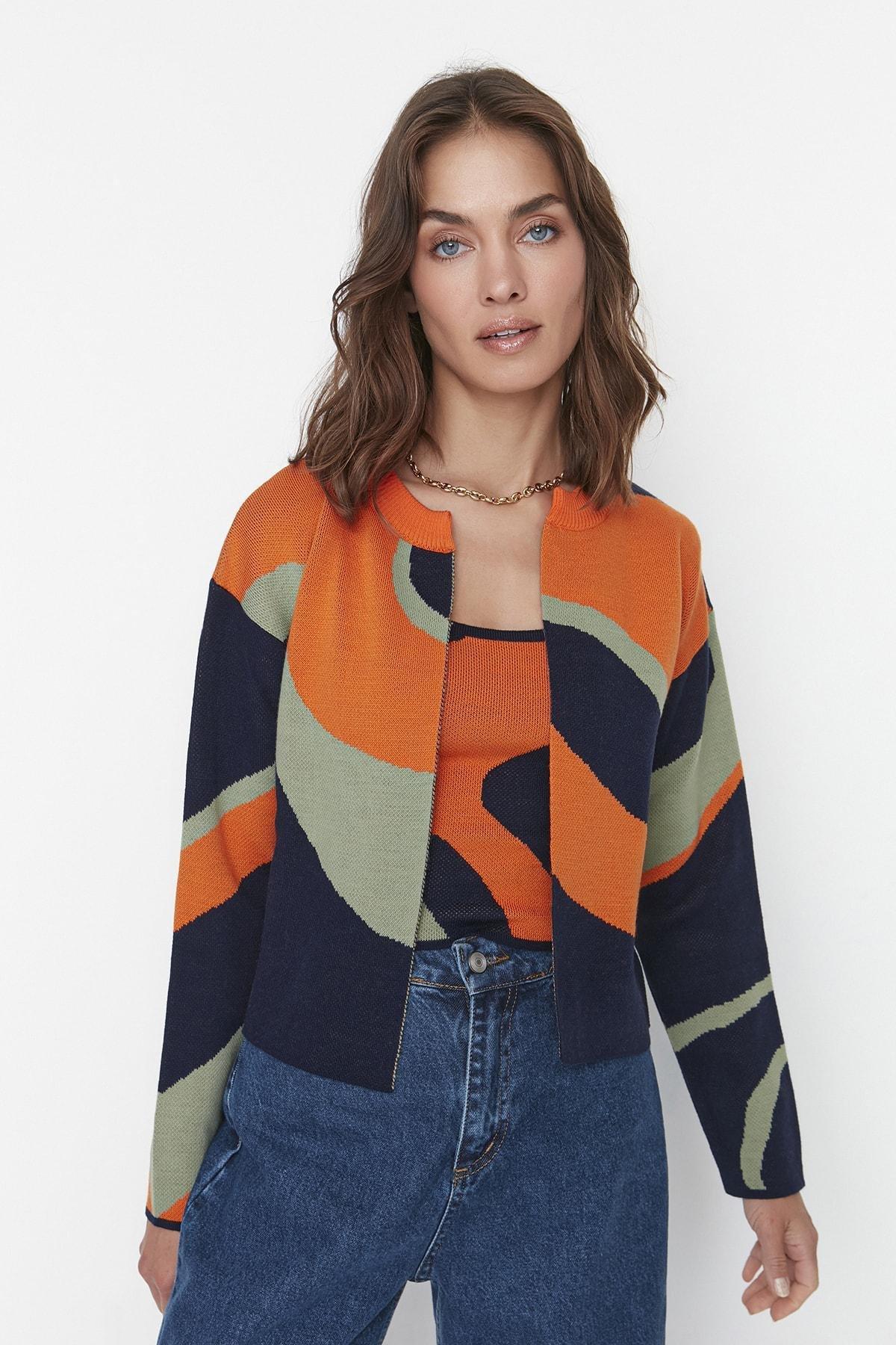 Orange Crew Neck Cardigan, , large image number 0