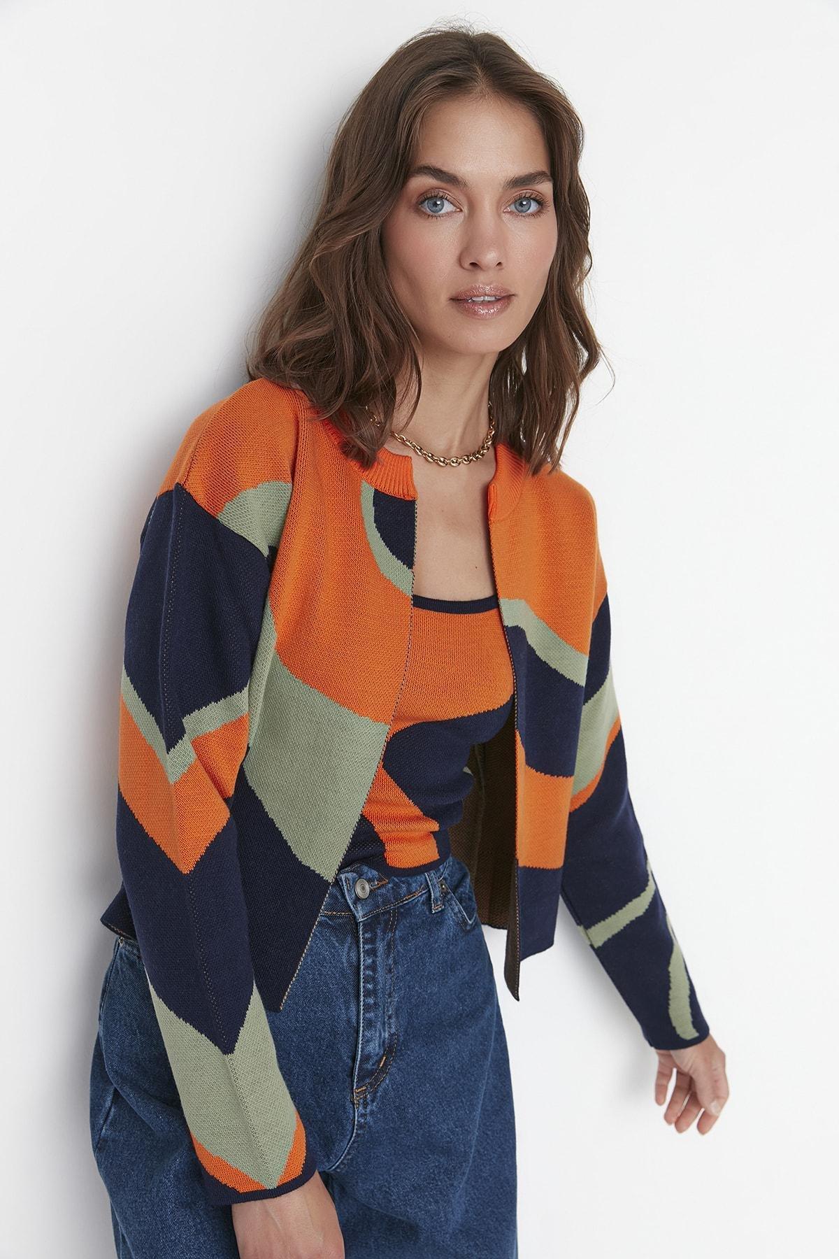 Orange Crew Neck Cardigan, , large image number 4