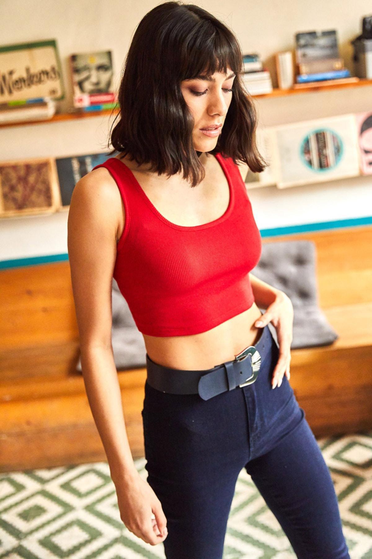 Green Red Strappy Lycra Knitted Crop Blouse, Set Of 2, , large image number 2