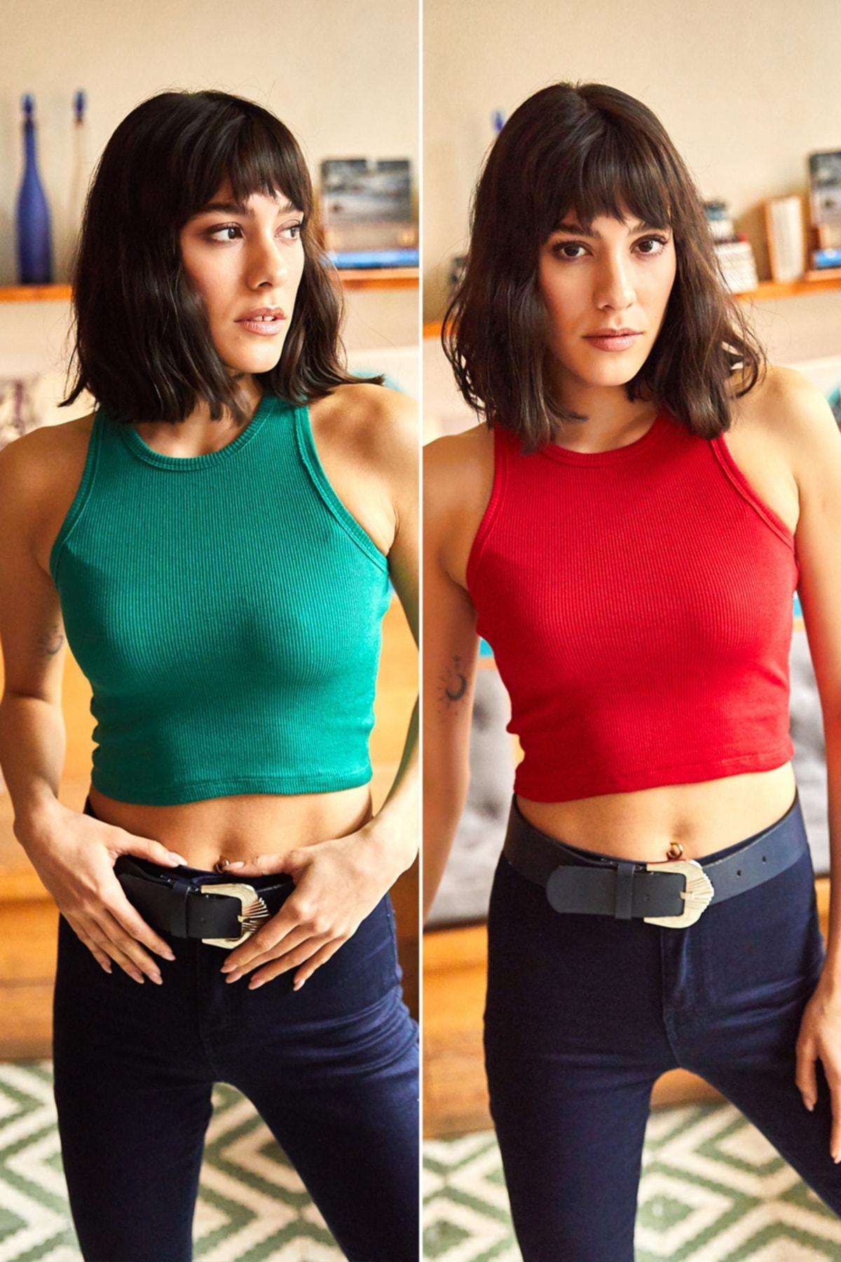 Green Red Rambo Lycra Knitted Crop Blouse, Set Of 2, Green Red, large image number 0