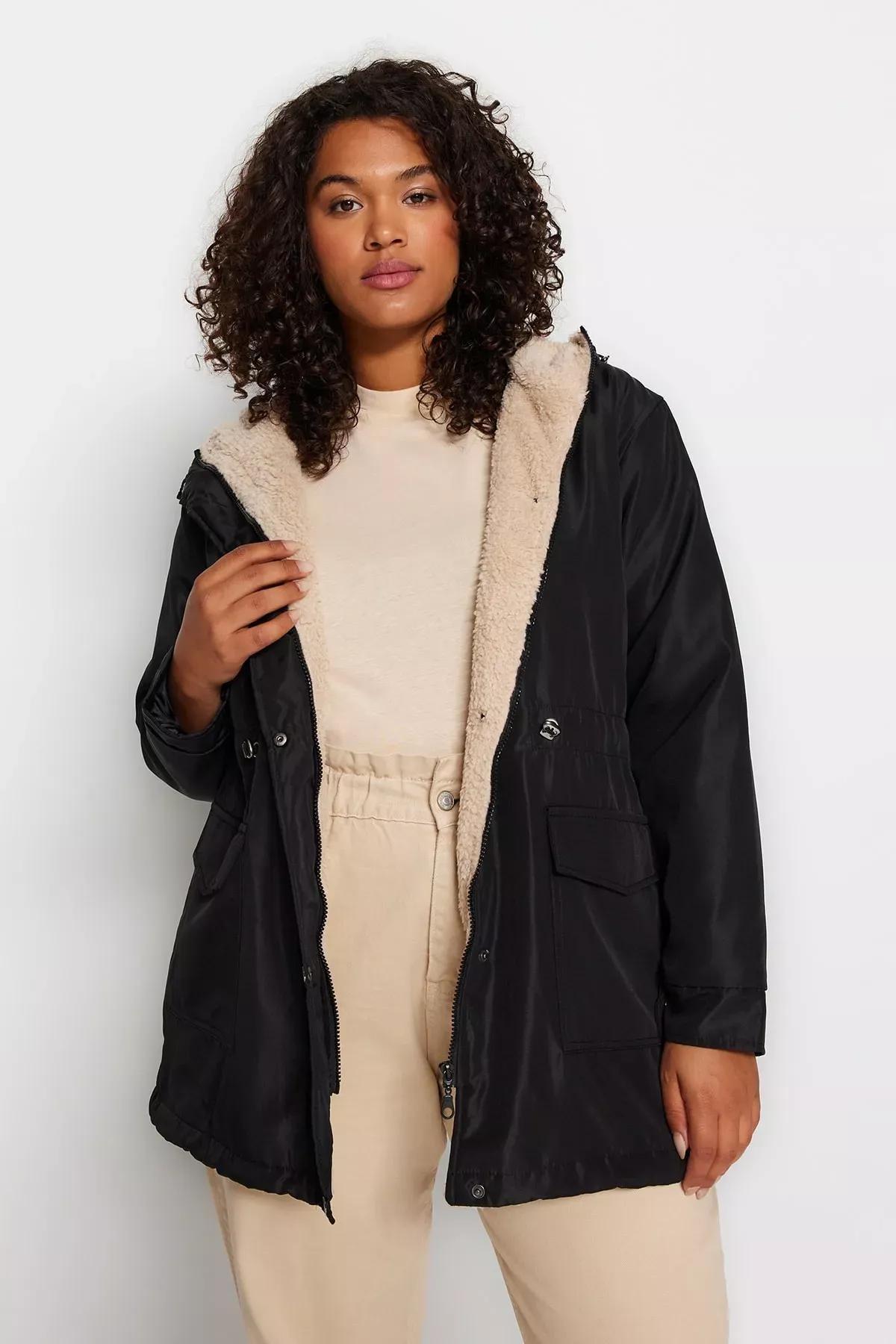 Black Parka Plus Size Jacket, BLACK, large image number 0